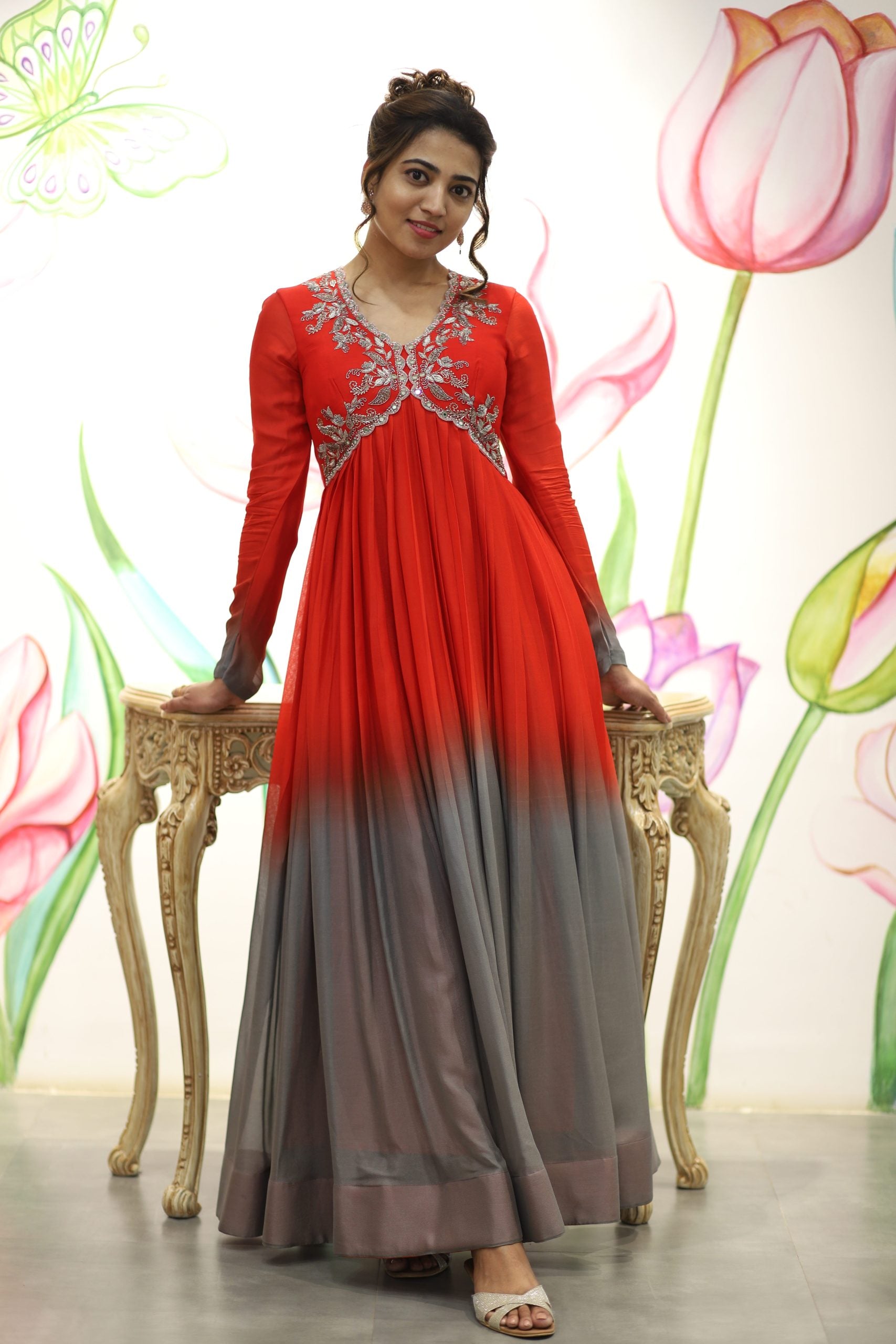 Striking Red Grey Ombre Georgette Gown Silver Embroidery Neckline