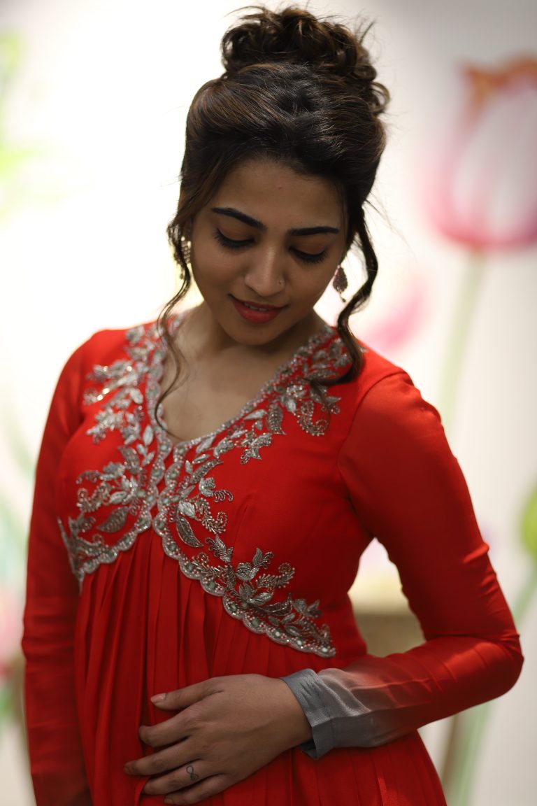 Striking Red Grey Ombre Georgette Gown Silver Embroidery Neckline