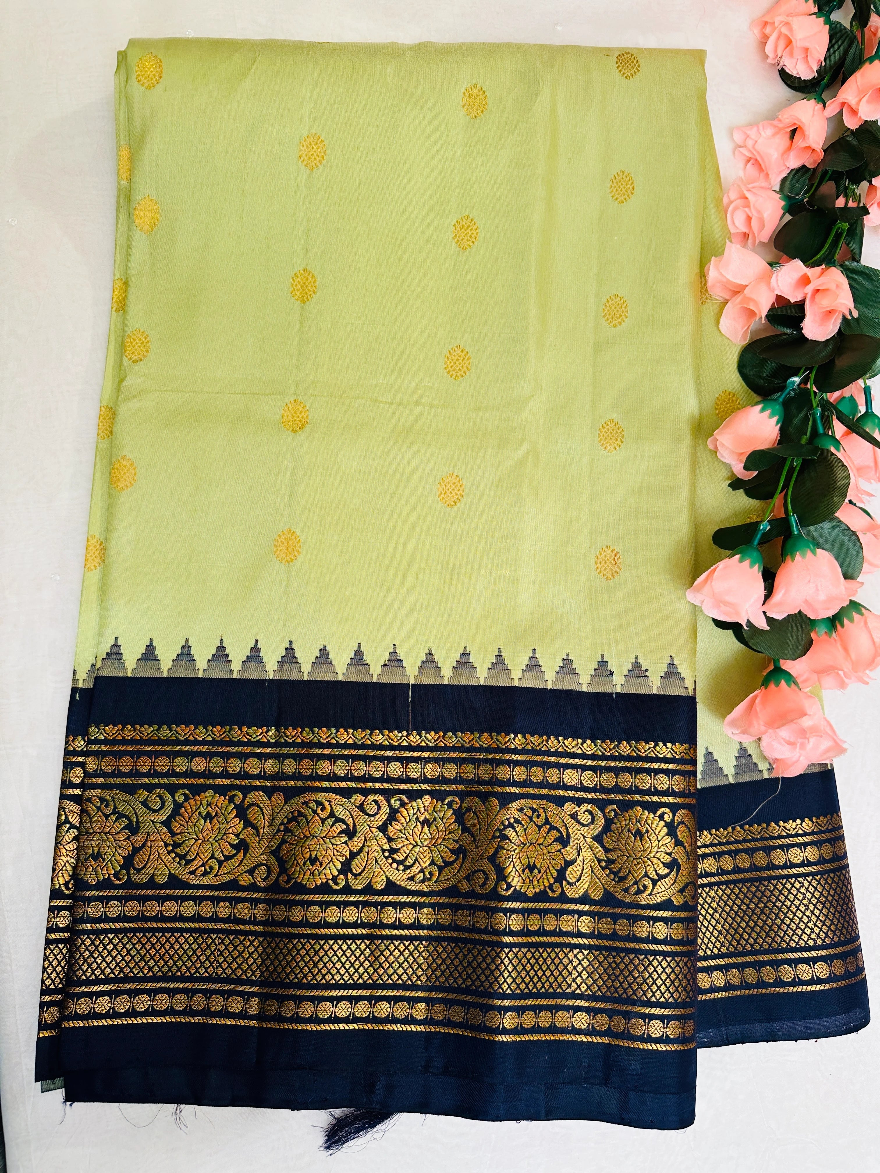 Mesmerizing Green Olive Gadwal Pattu Saree Gold Zari Buttas Navy Border