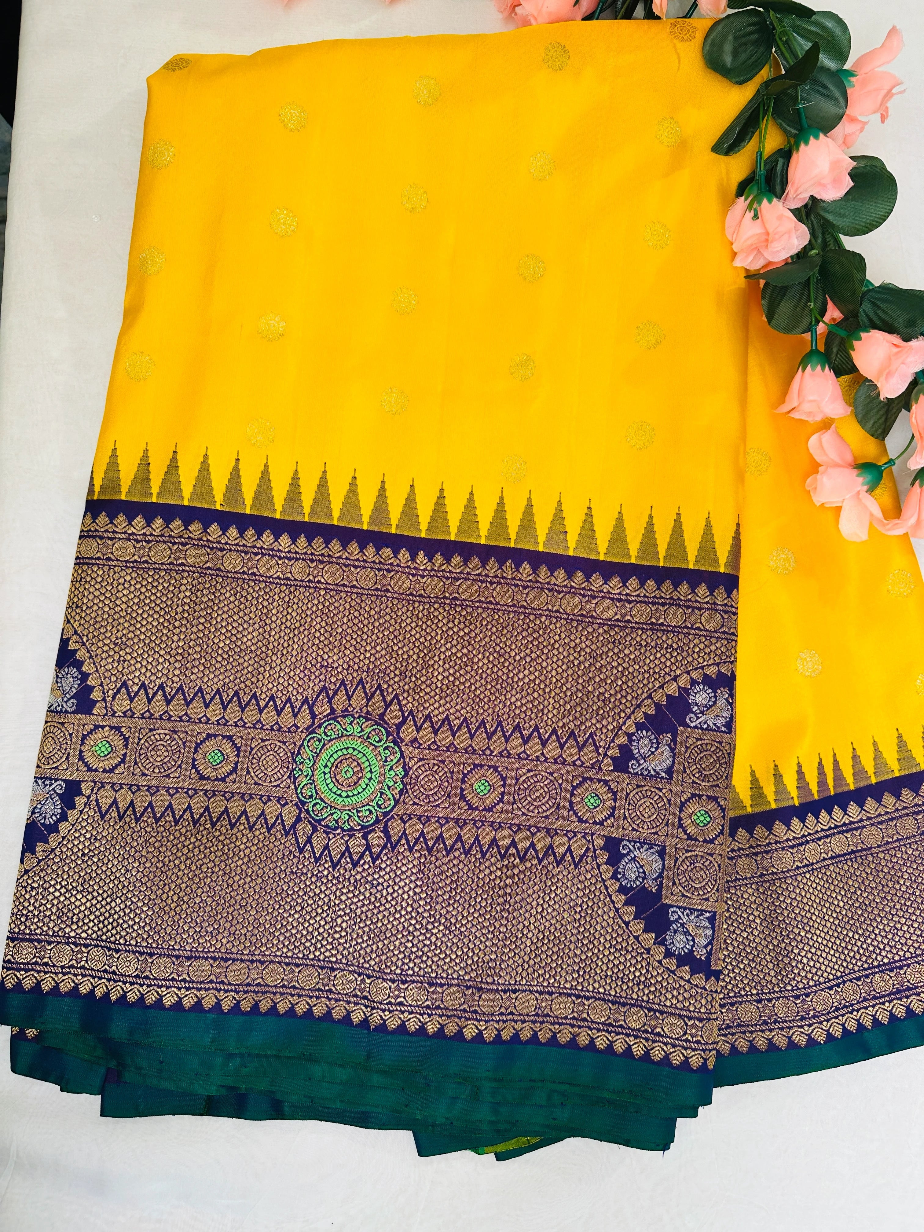 Radiant Yellow Mustard Gadwal Pattu Saree Gold Zari Temple Border