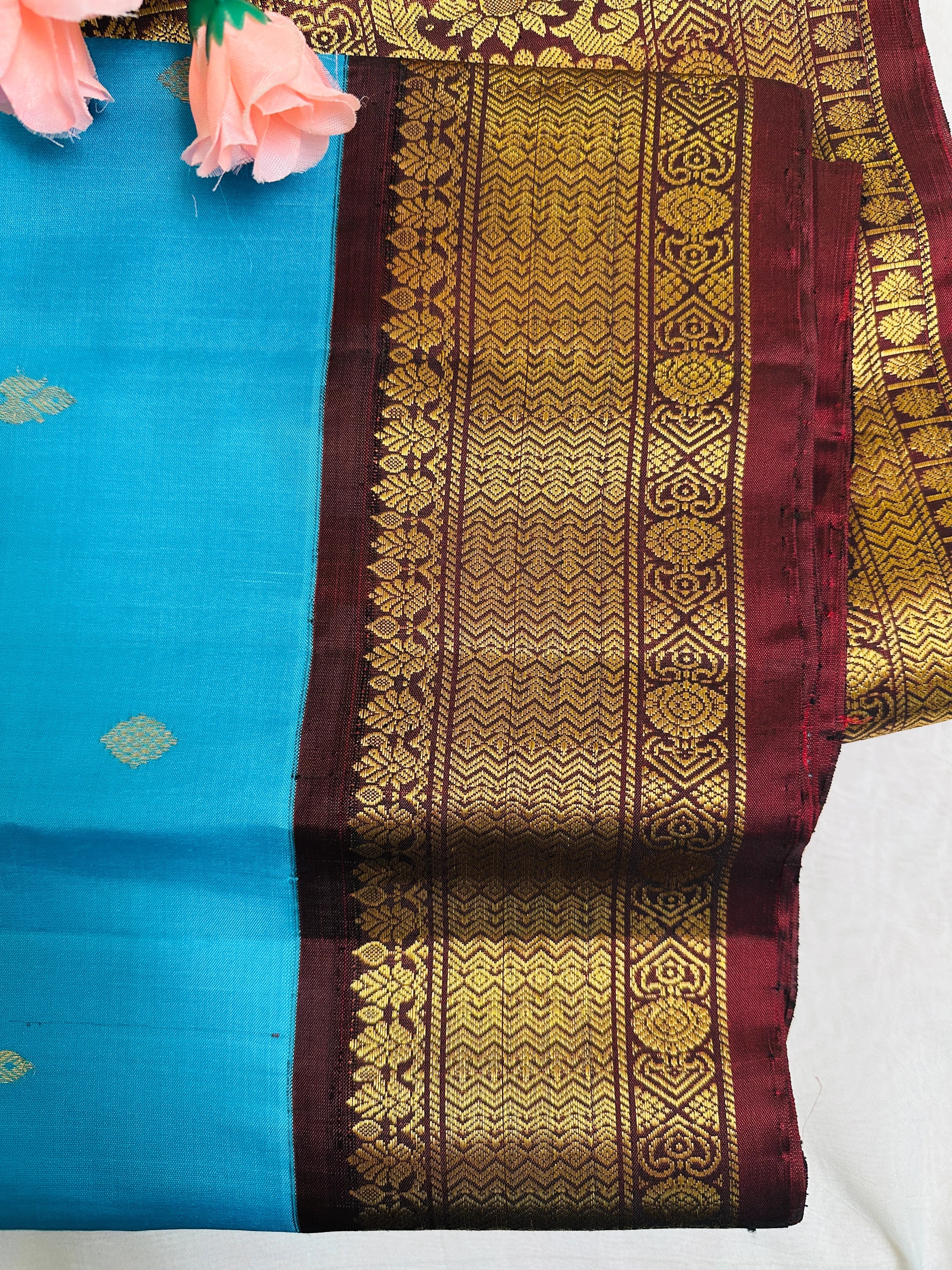 Breathtaking Blue Orange Turquoise Gadwal Pattu Saree Gold Zari Nature