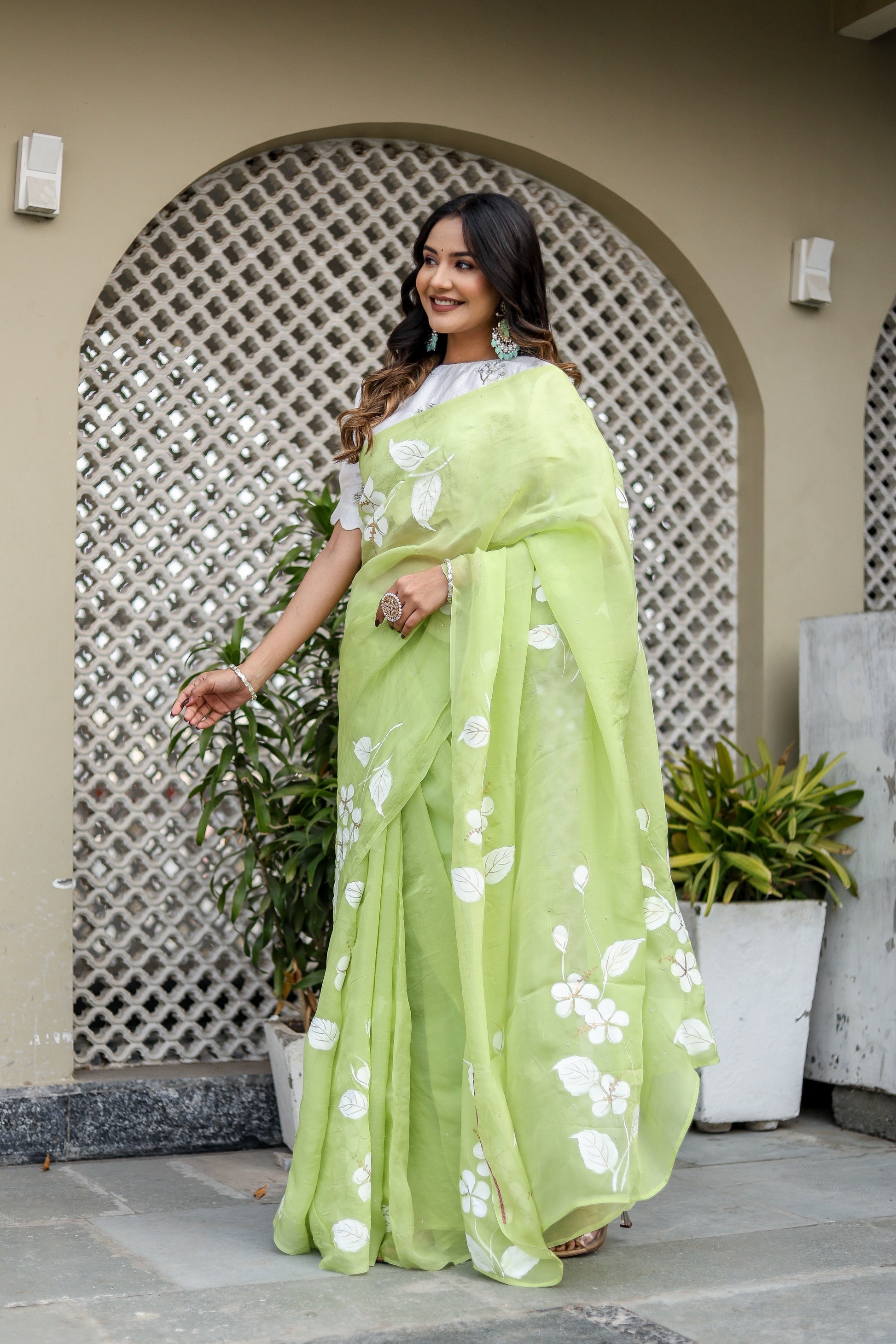 Elegant Green Viscose Organza Handpainted Mukaish Saree Floral