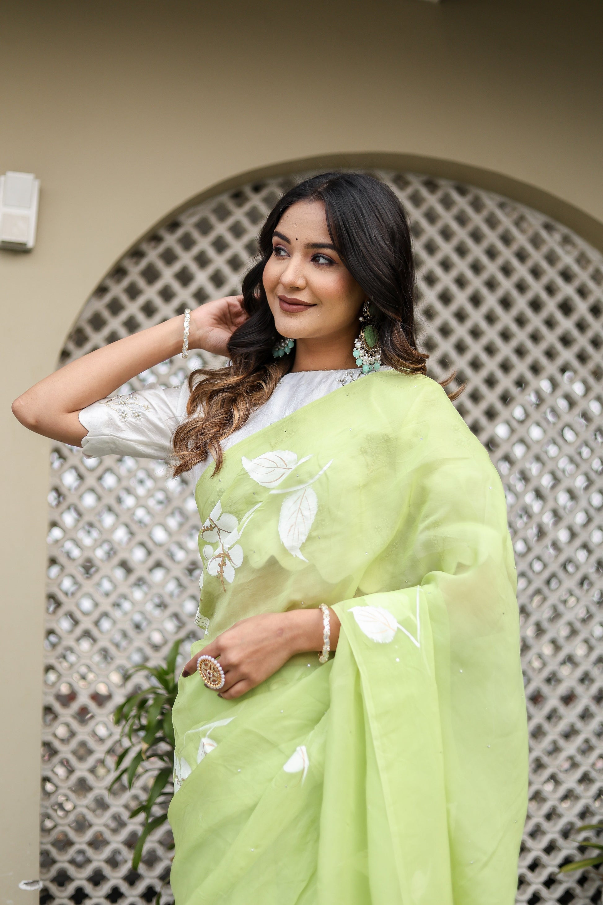 Elegant Green Viscose Organza Handpainted Mukaish Saree Floral