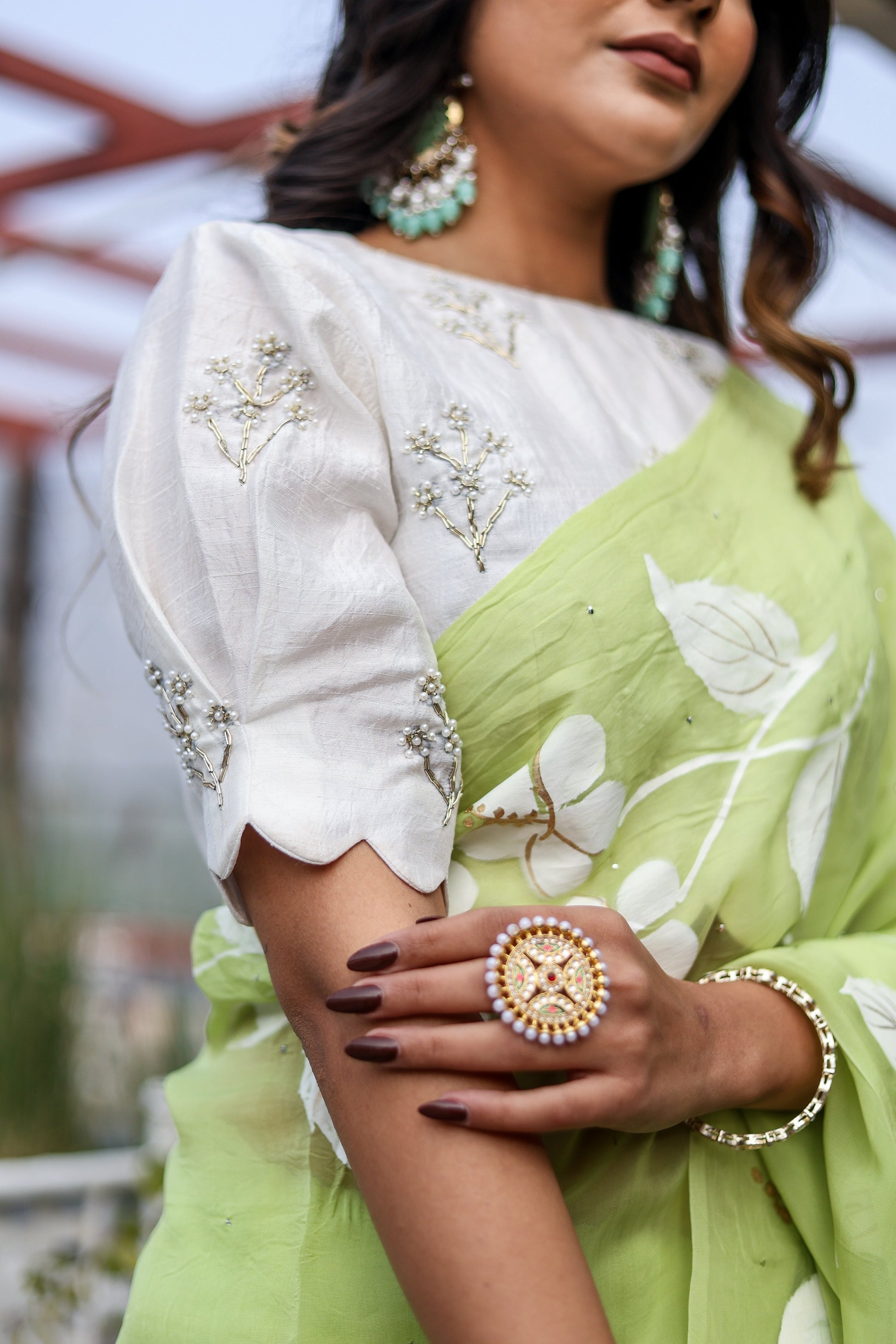 Elegant Green Viscose Organza Handpainted Mukaish Saree Floral