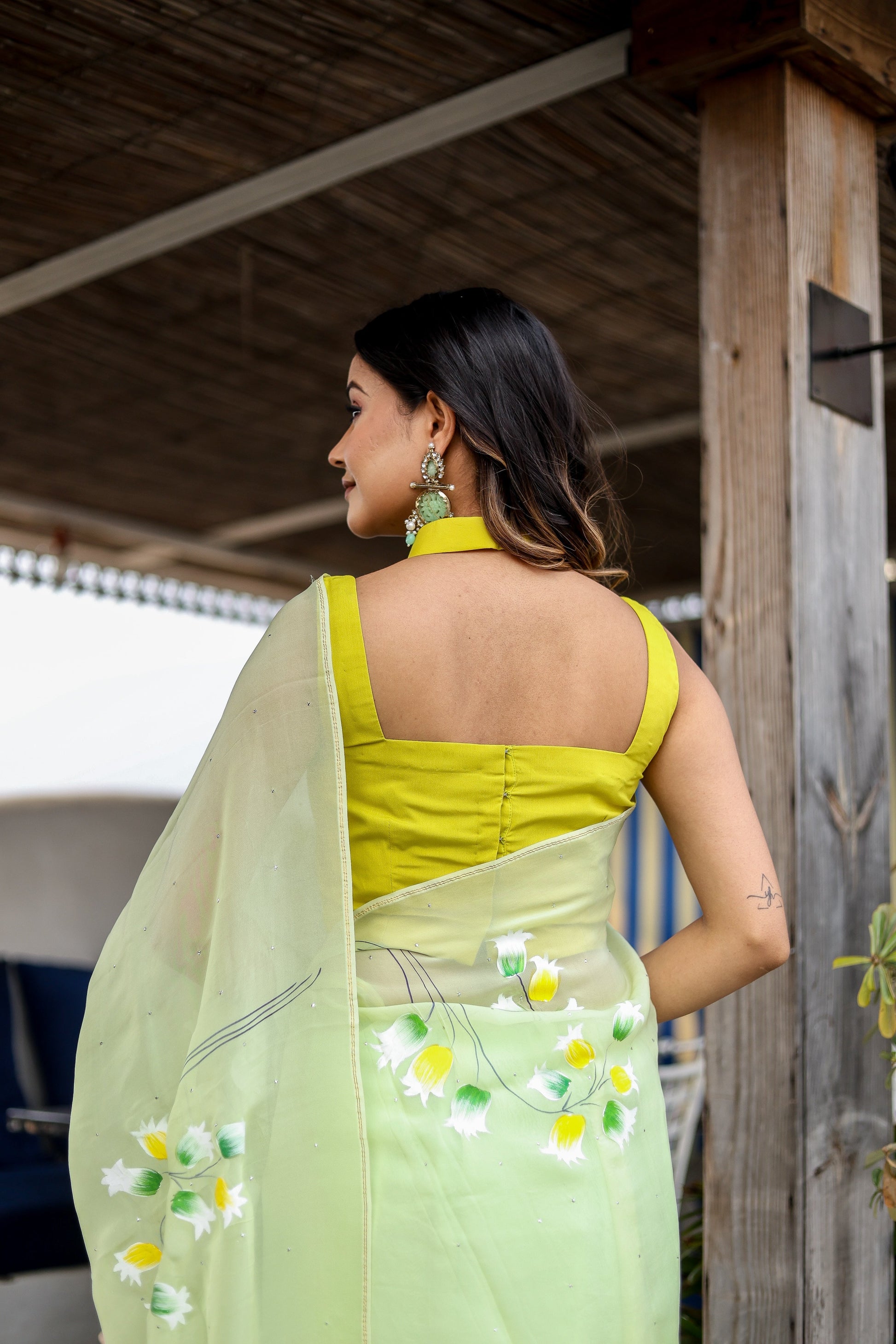 Artistic Green Viscose Organza Handpainted Mukaish Saree Floral