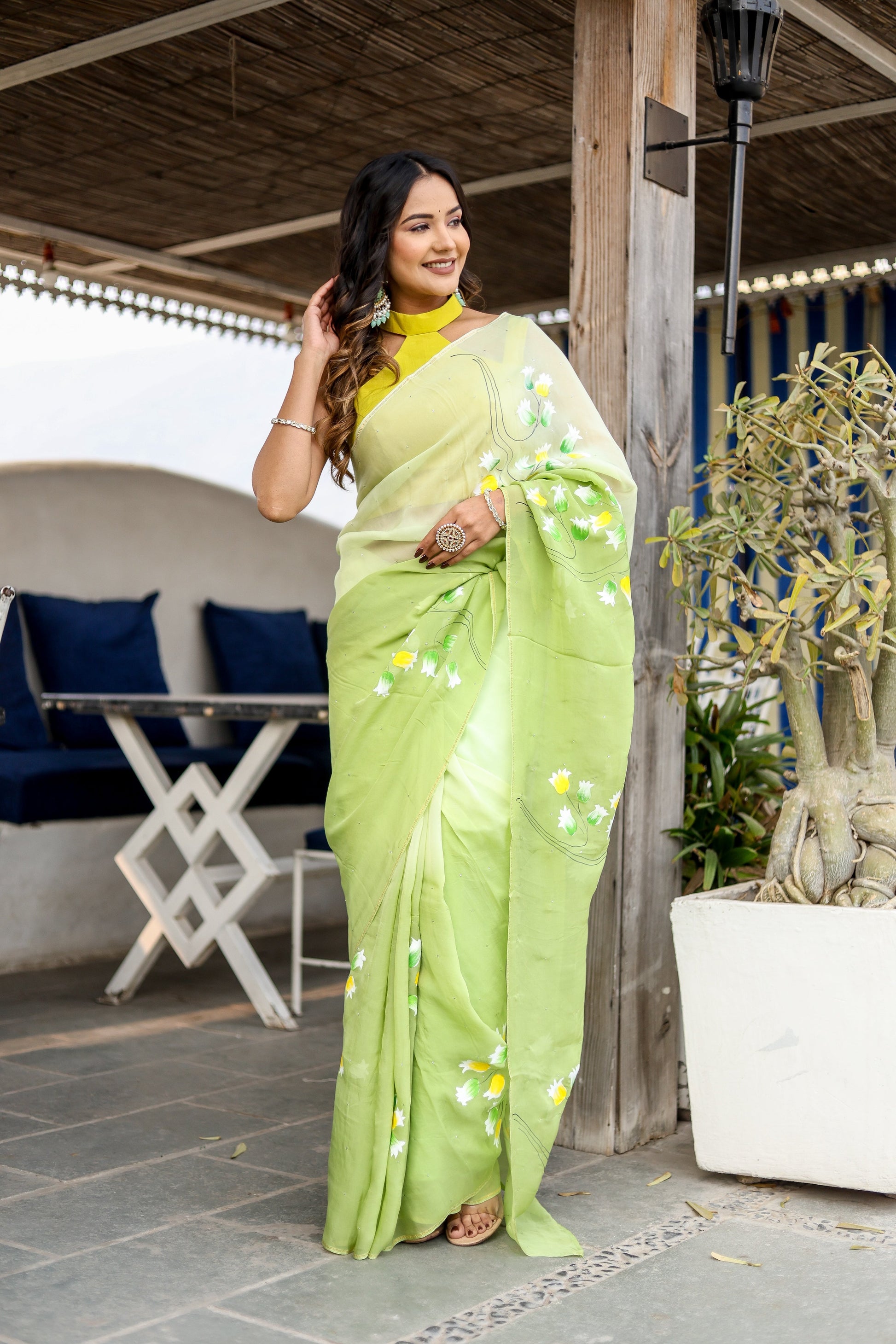 Artistic Green Viscose Organza Handpainted Mukaish Saree Floral