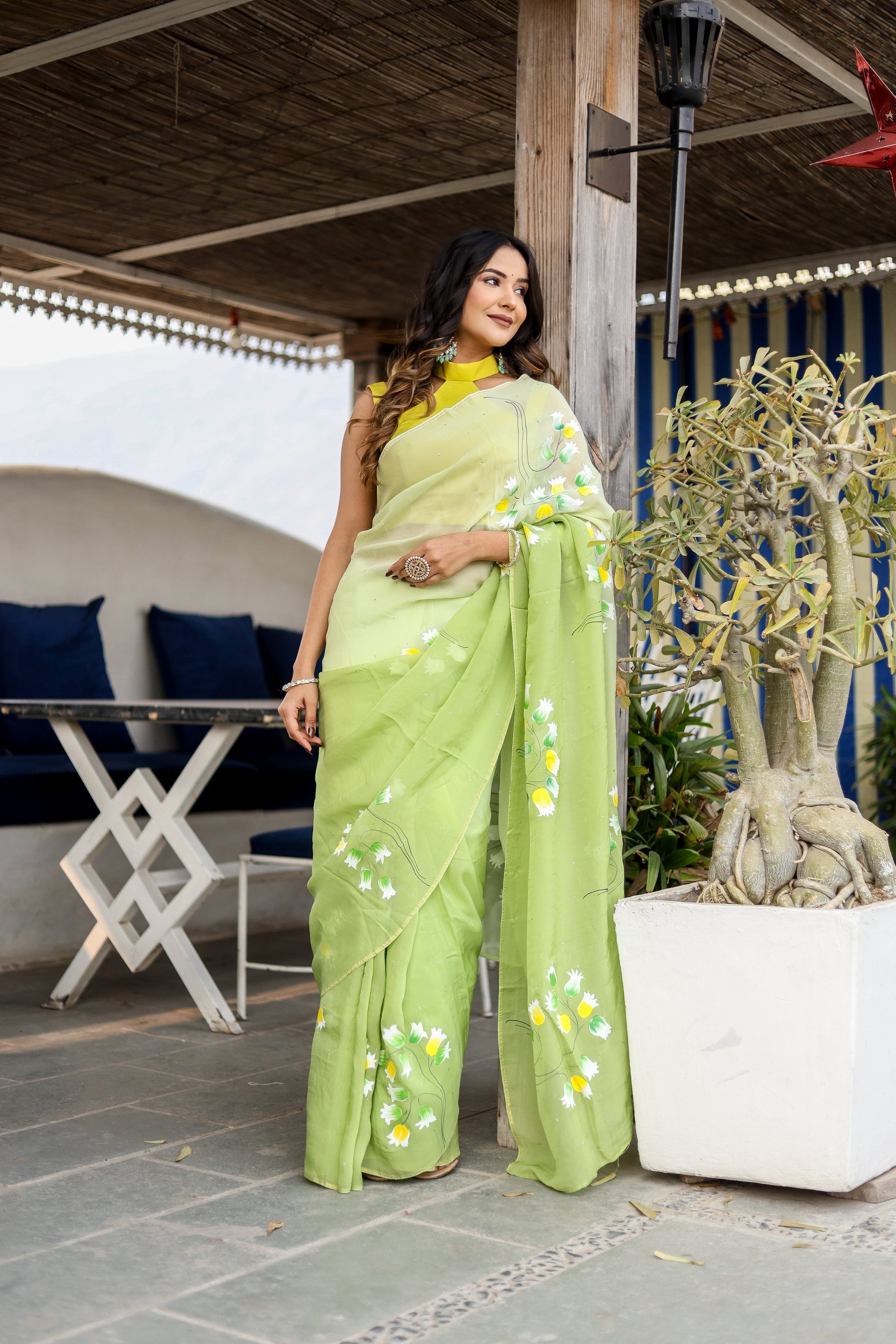 Artistic Green Viscose Organza Handpainted Mukaish Saree Floral