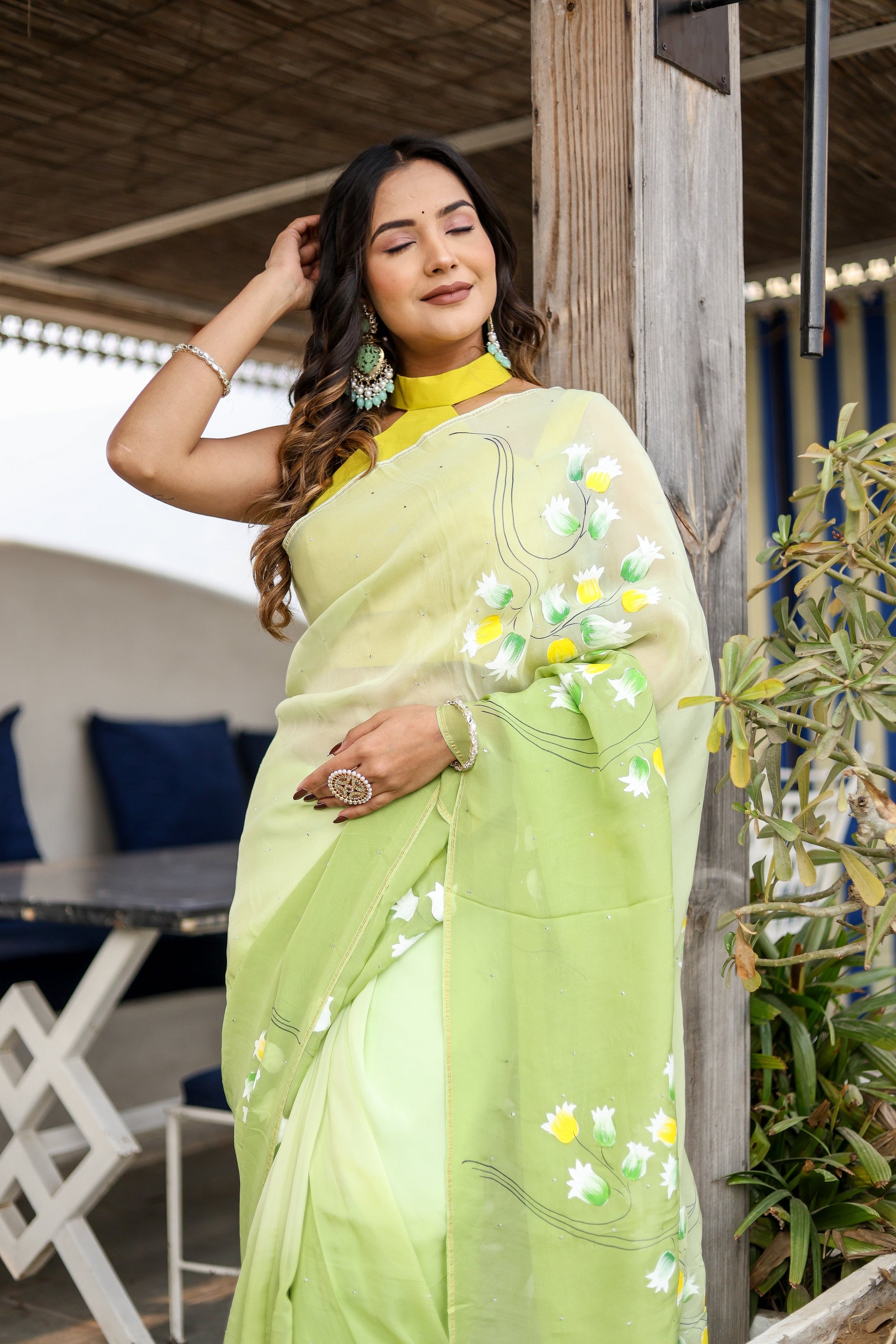 Artistic Green Viscose Organza Handpainted Mukaish Saree Floral