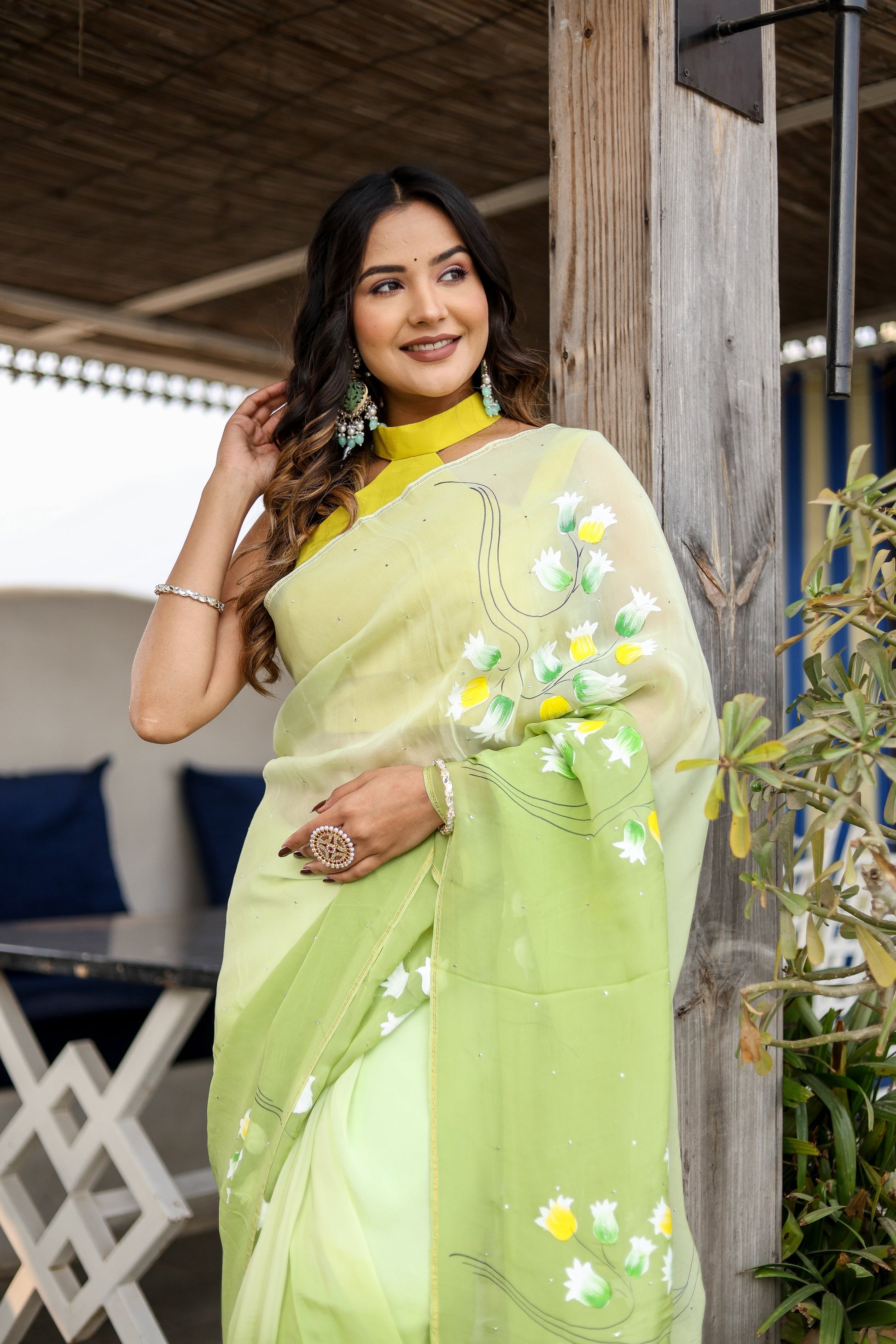 Artistic Green Viscose Organza Handpainted Mukaish Saree Floral