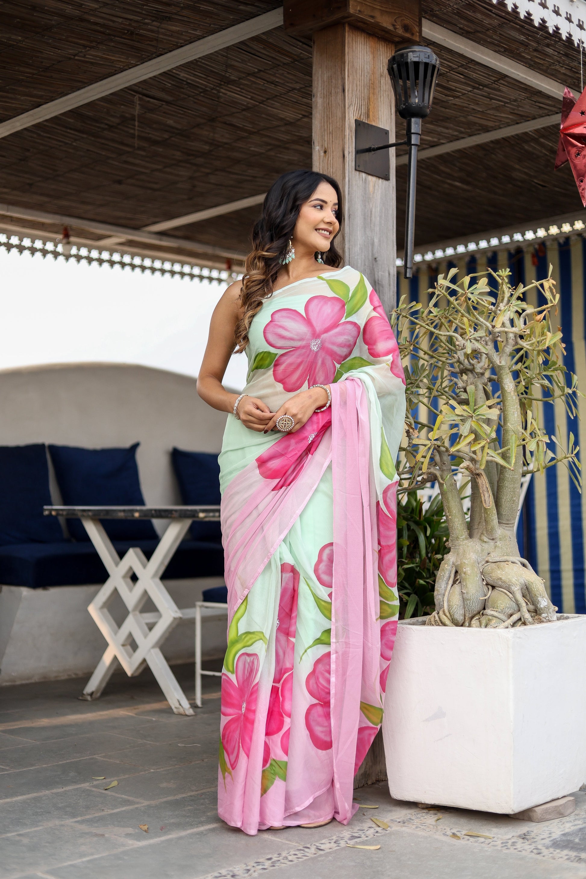 Elegant Pink Chiffon Handpainted Saree Floral