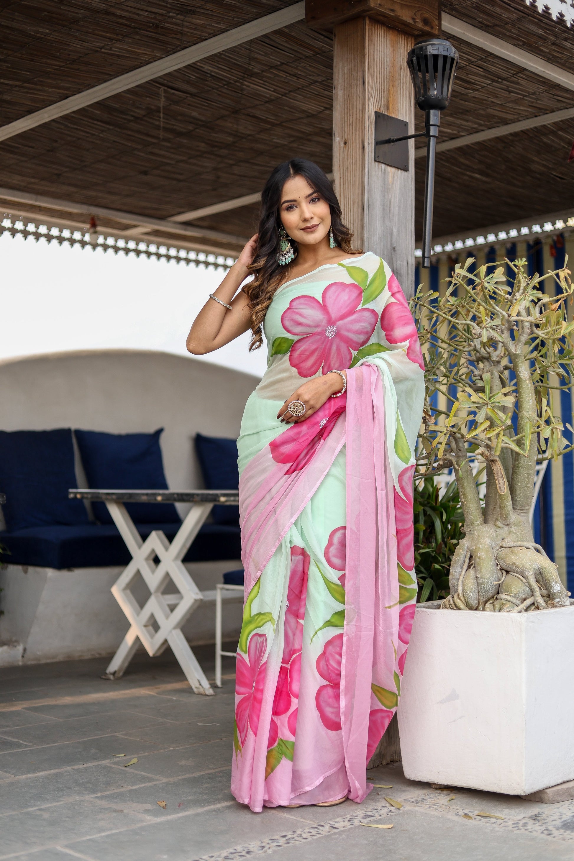 Elegant Pink Chiffon Handpainted Saree Floral