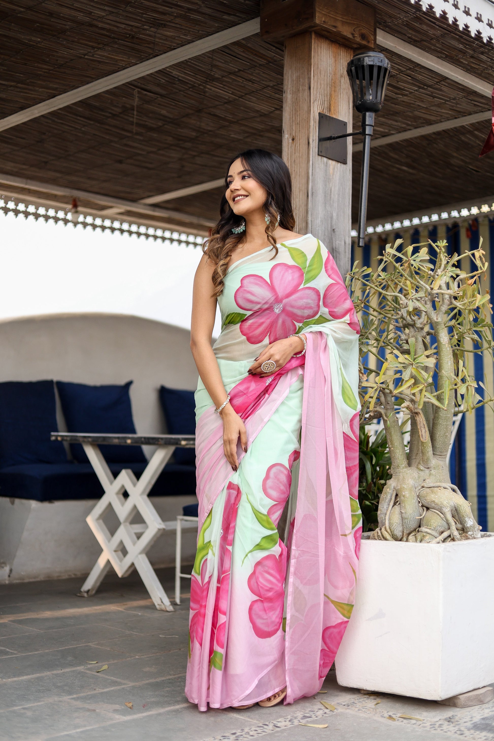 Elegant Pink Chiffon Handpainted Saree Floral