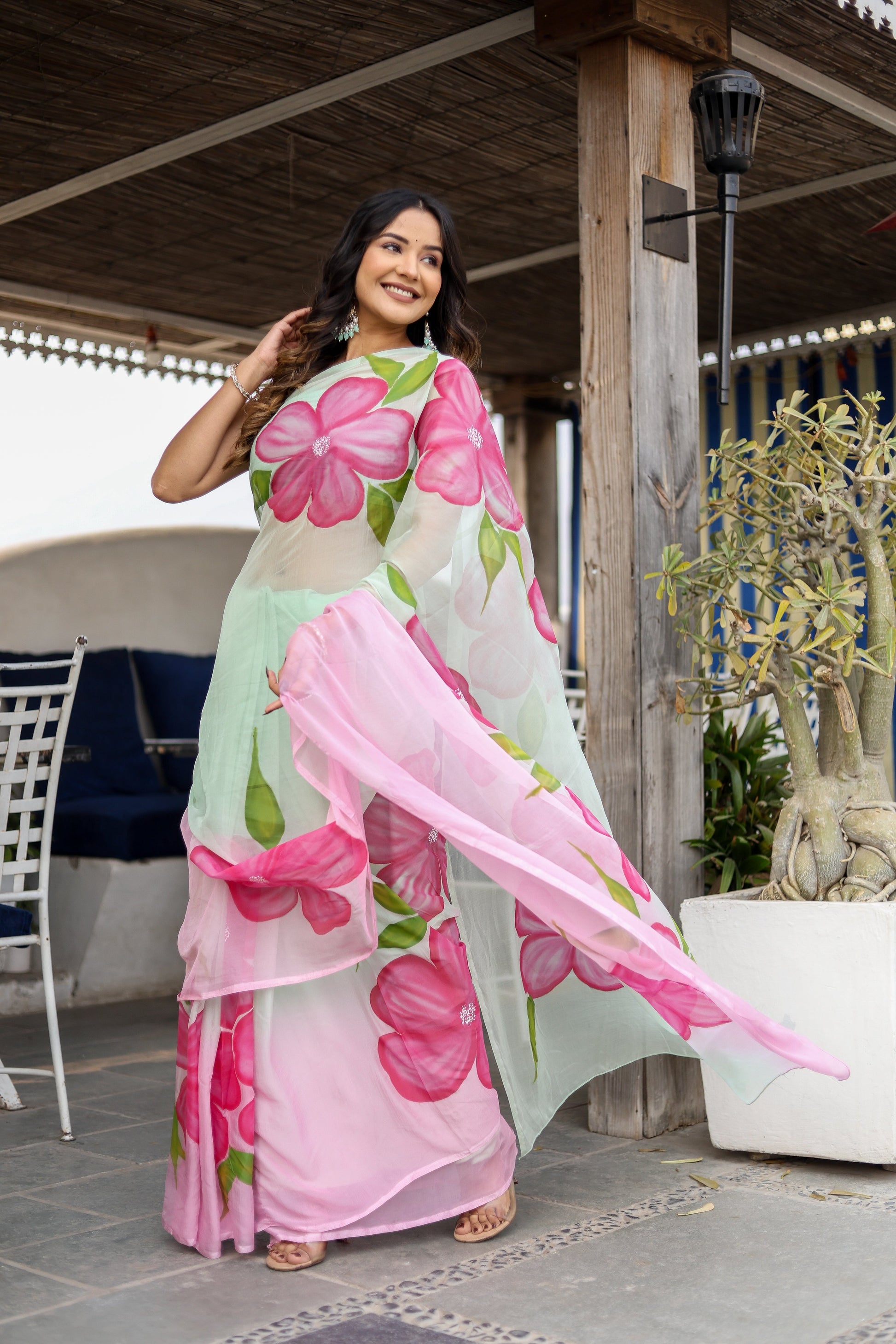 Elegant Pink Chiffon Handpainted Saree Floral