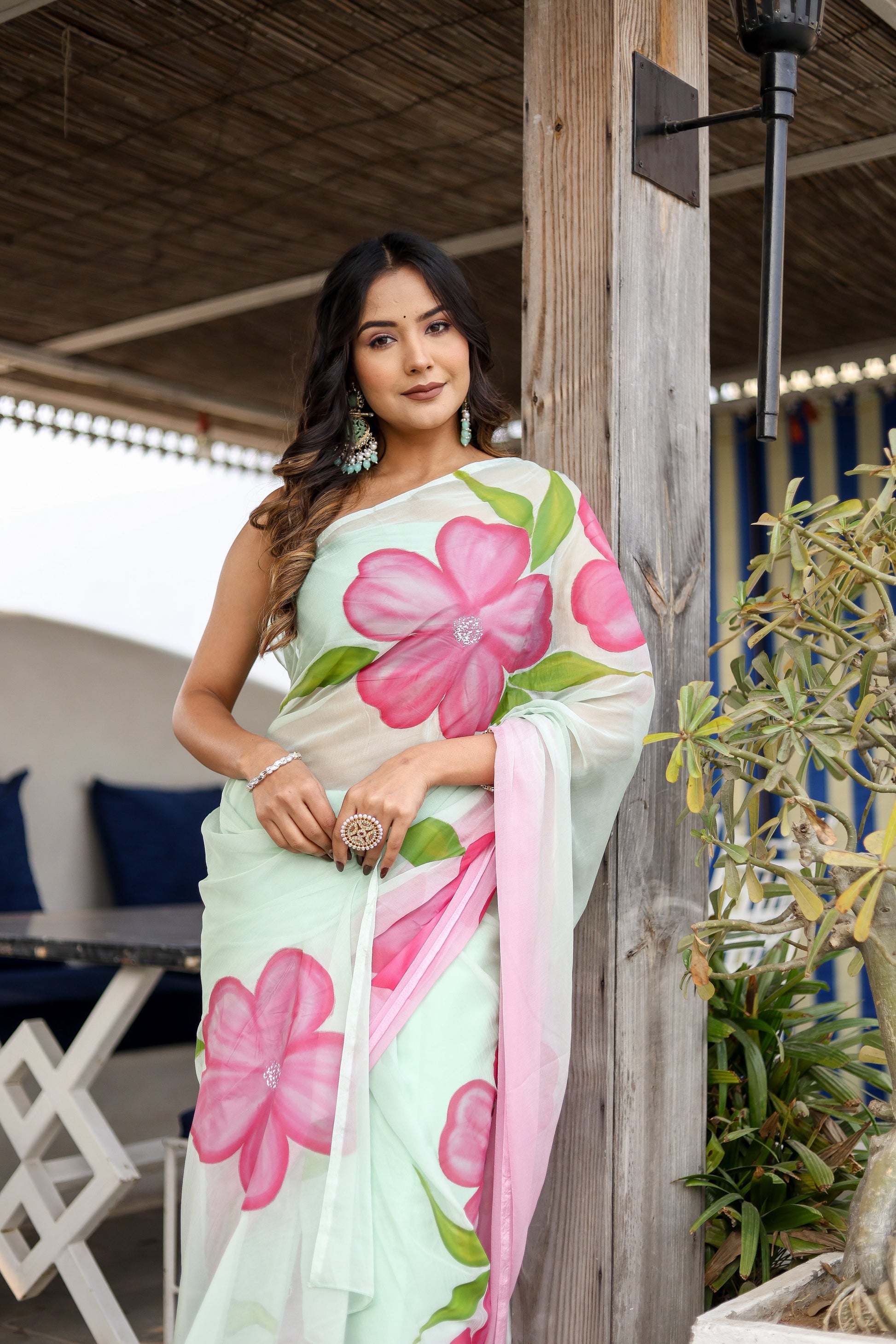 Elegant Pink Chiffon Handpainted Saree Floral