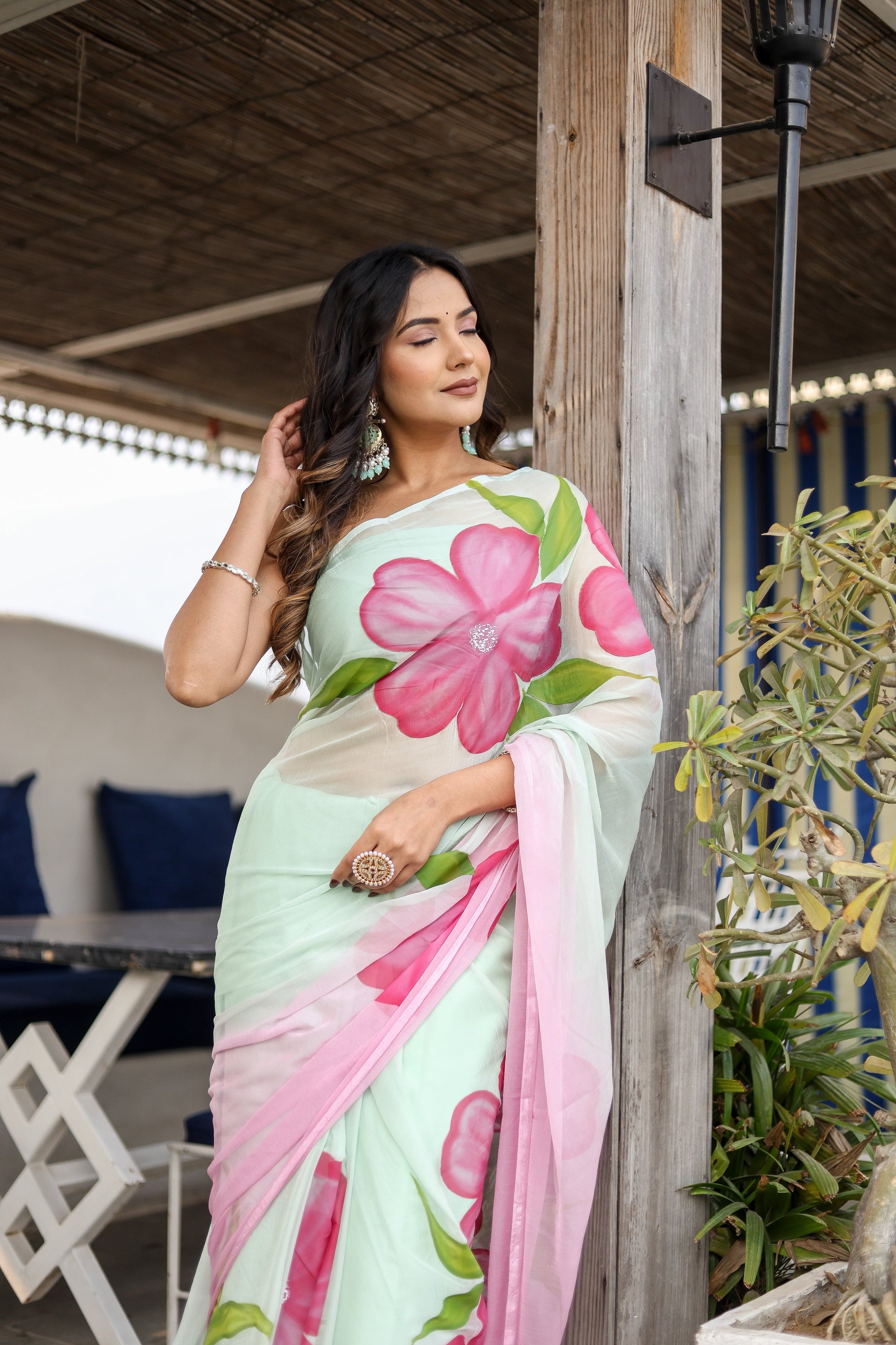 Elegant Pink Chiffon Handpainted Saree Floral