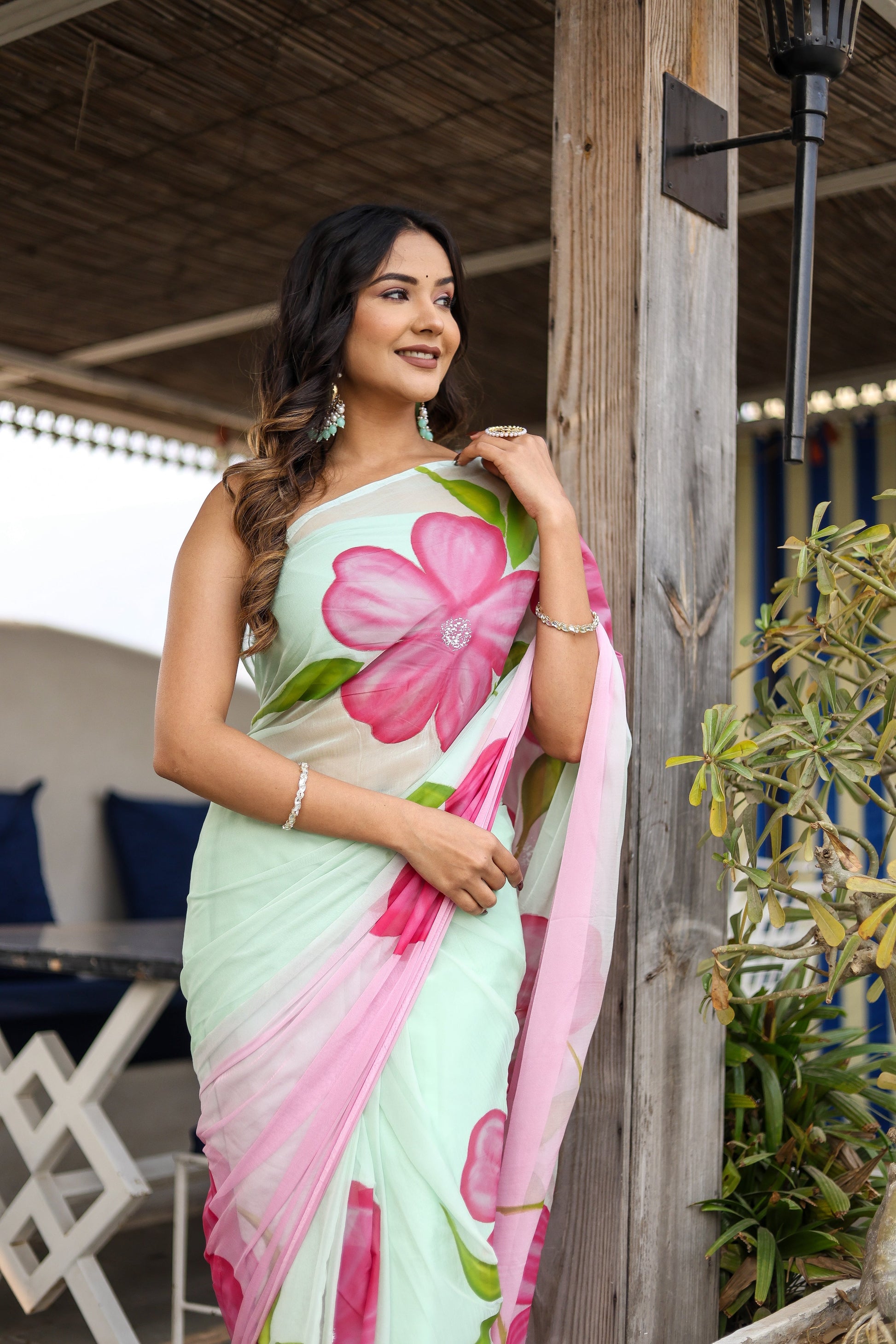 Elegant Pink Chiffon Handpainted Saree Floral