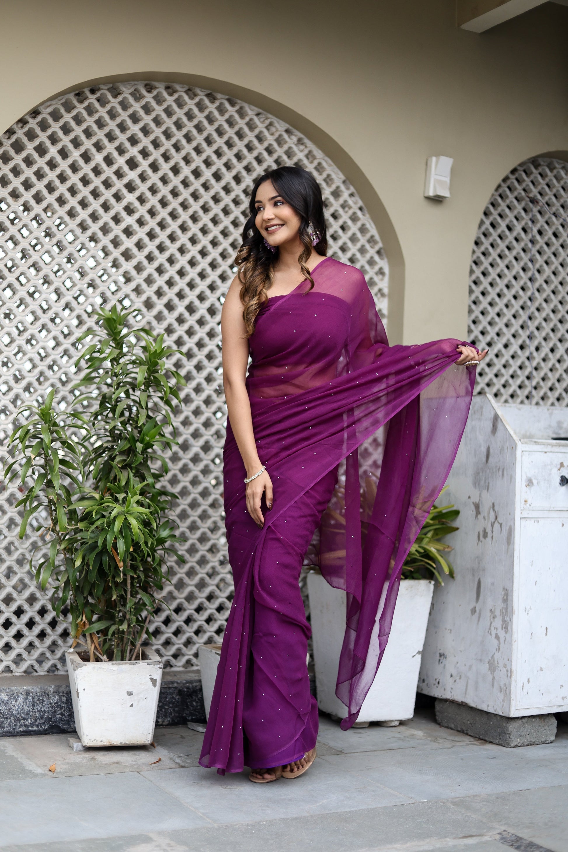 Radiant Purple Chiffon Mukaish Saree Geometric Handwork