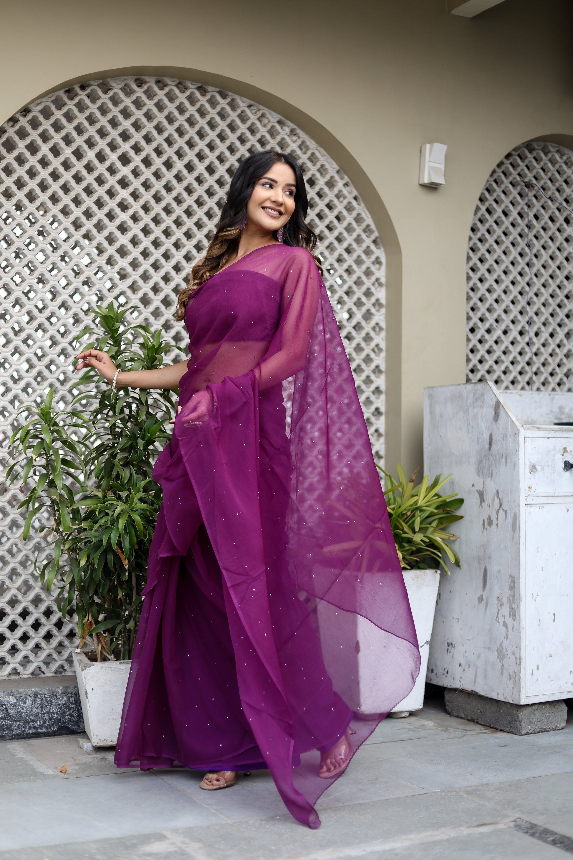 Radiant Purple Chiffon Mukaish Saree Geometric Handwork