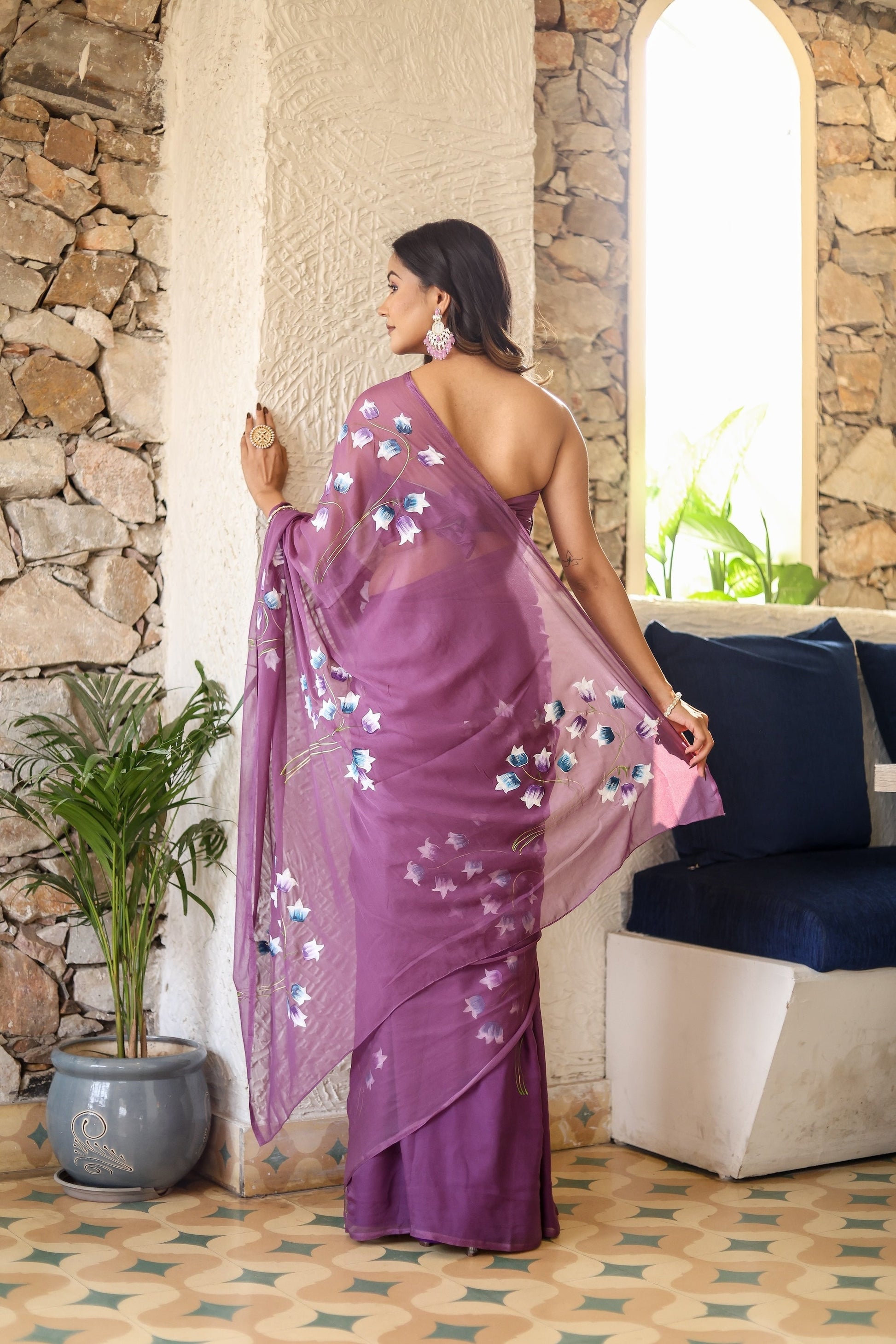 Delicate Floral Chiffon Handpainted Saree