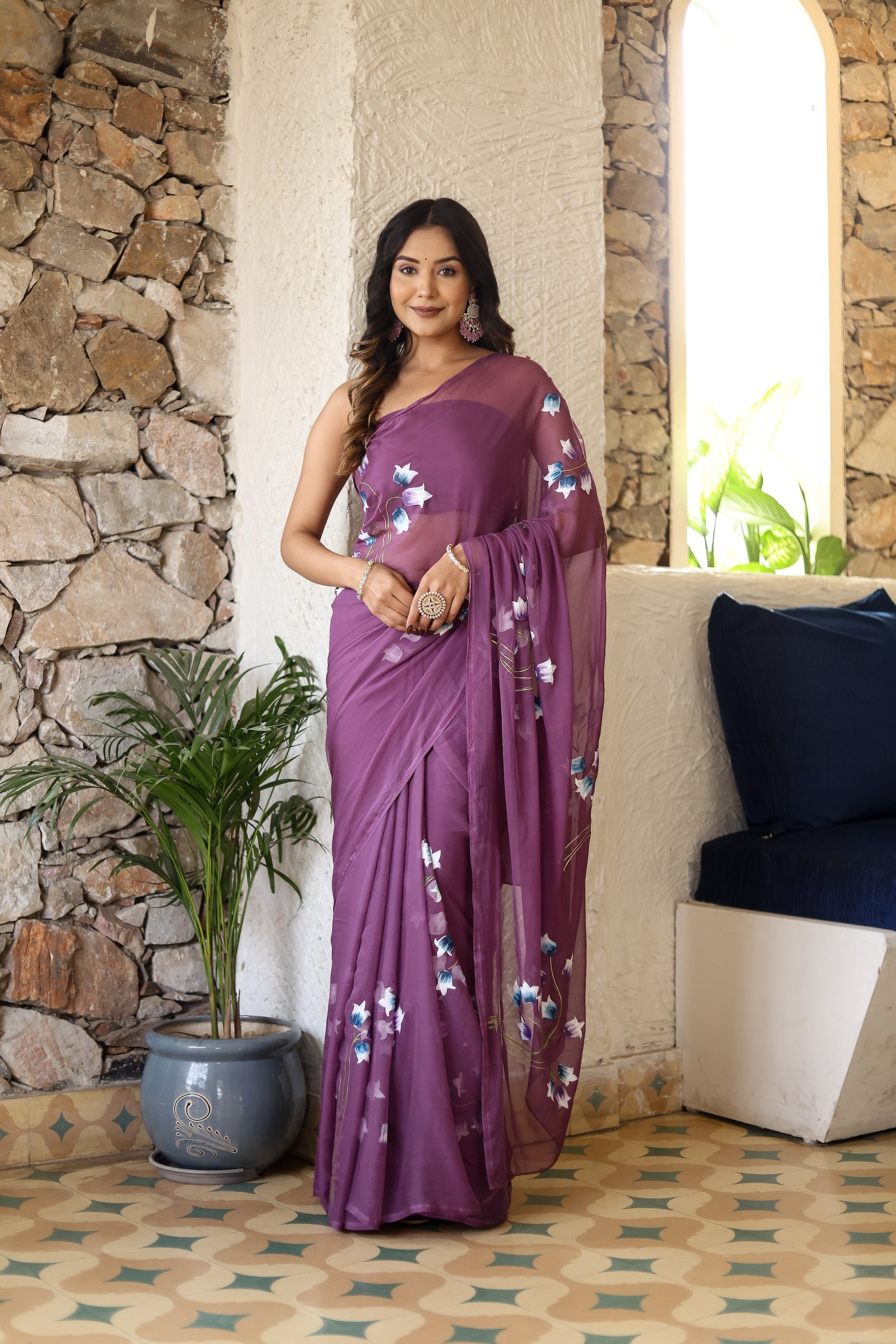 Delicate Floral Chiffon Handpainted Saree