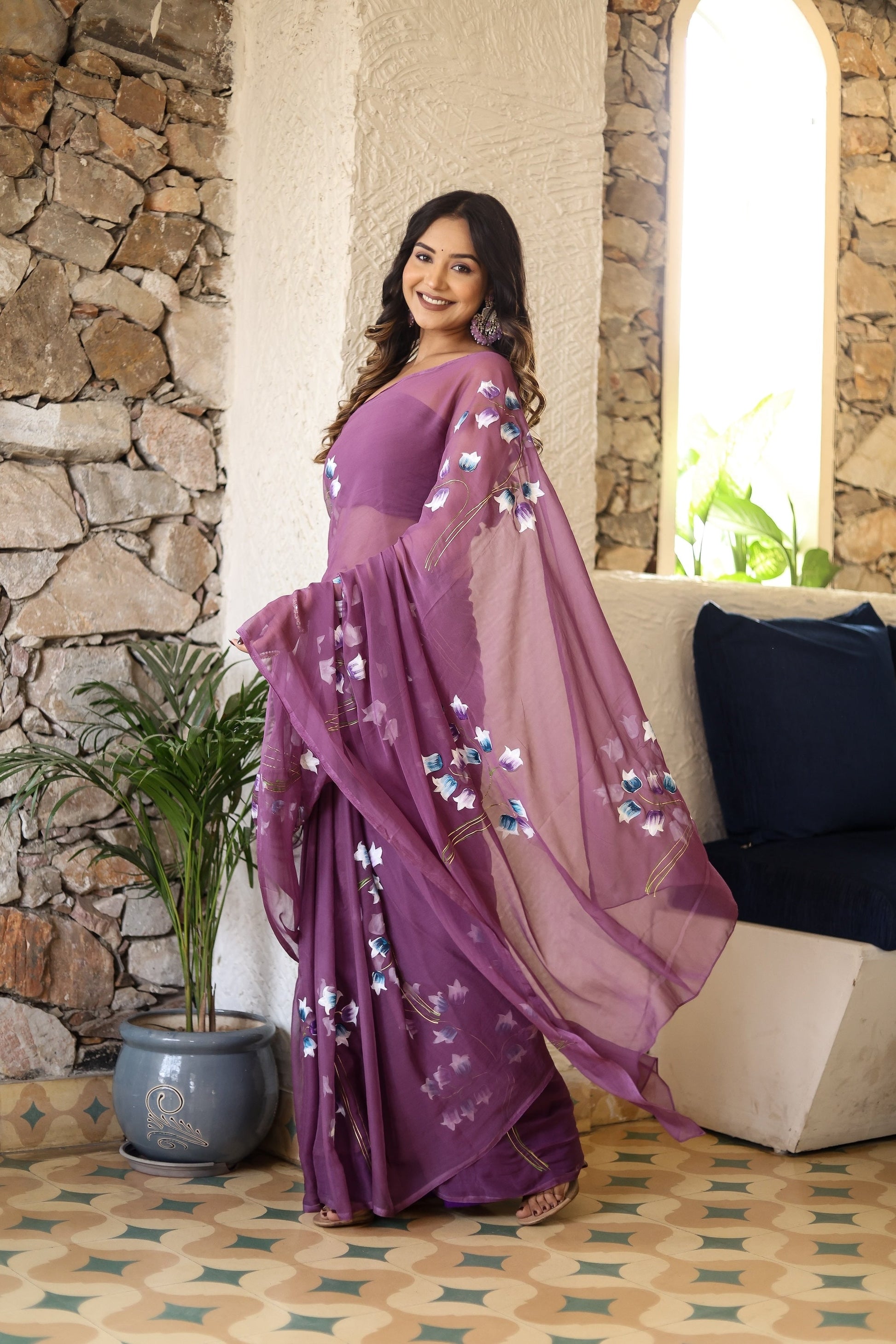 Delicate Floral Chiffon Handpainted Saree