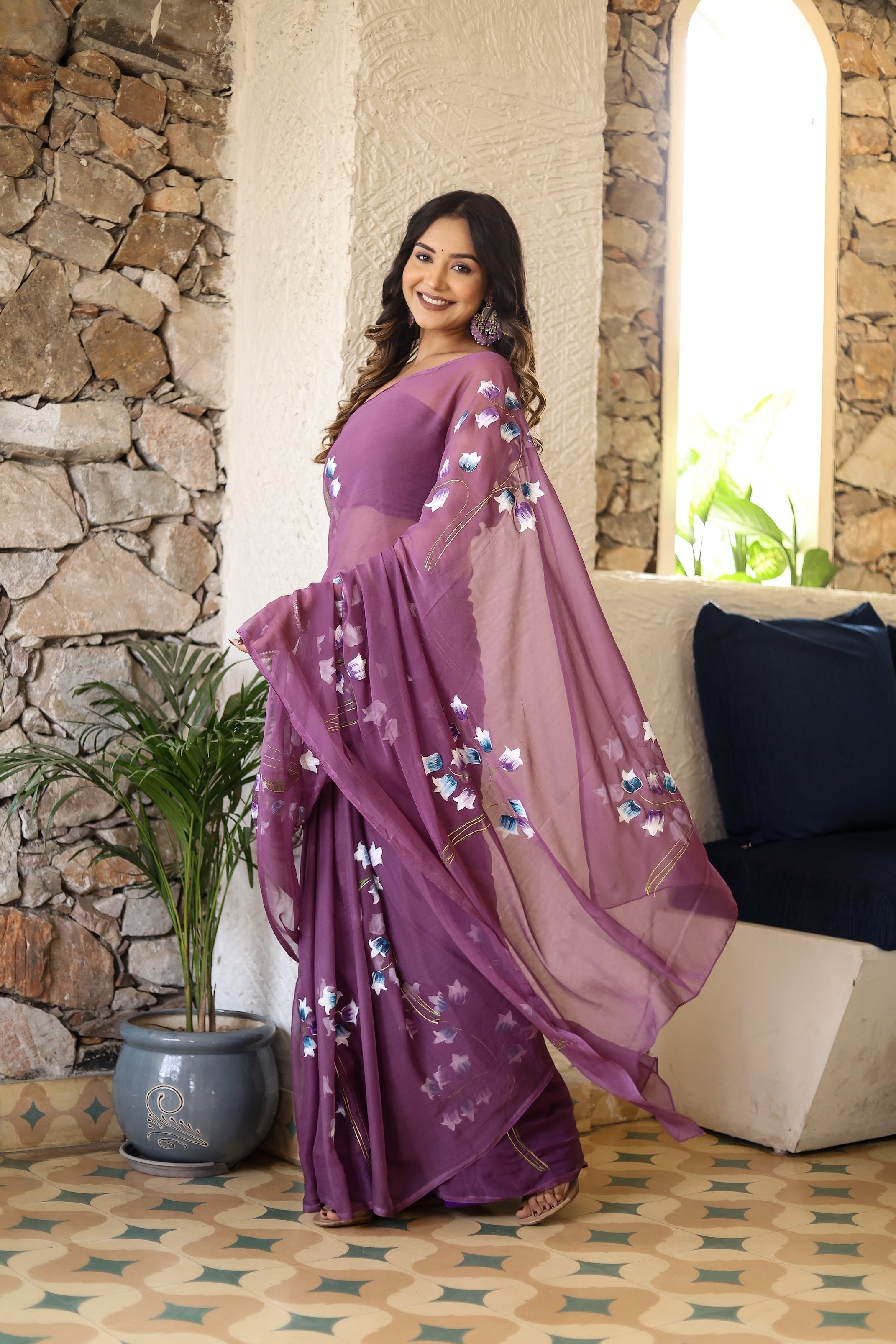 Delicate Floral Chiffon Handpainted Saree