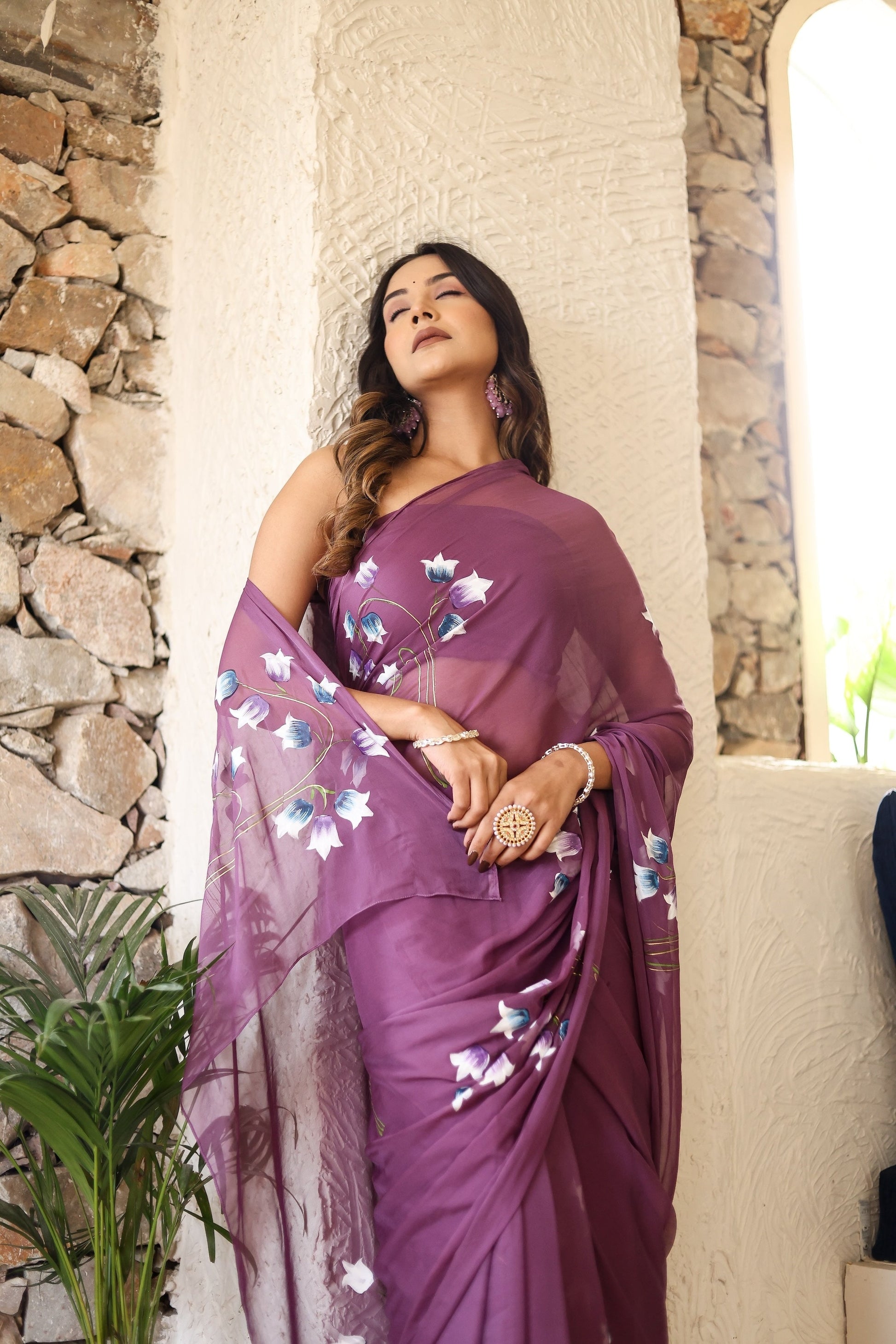 Delicate Floral Chiffon Handpainted Saree