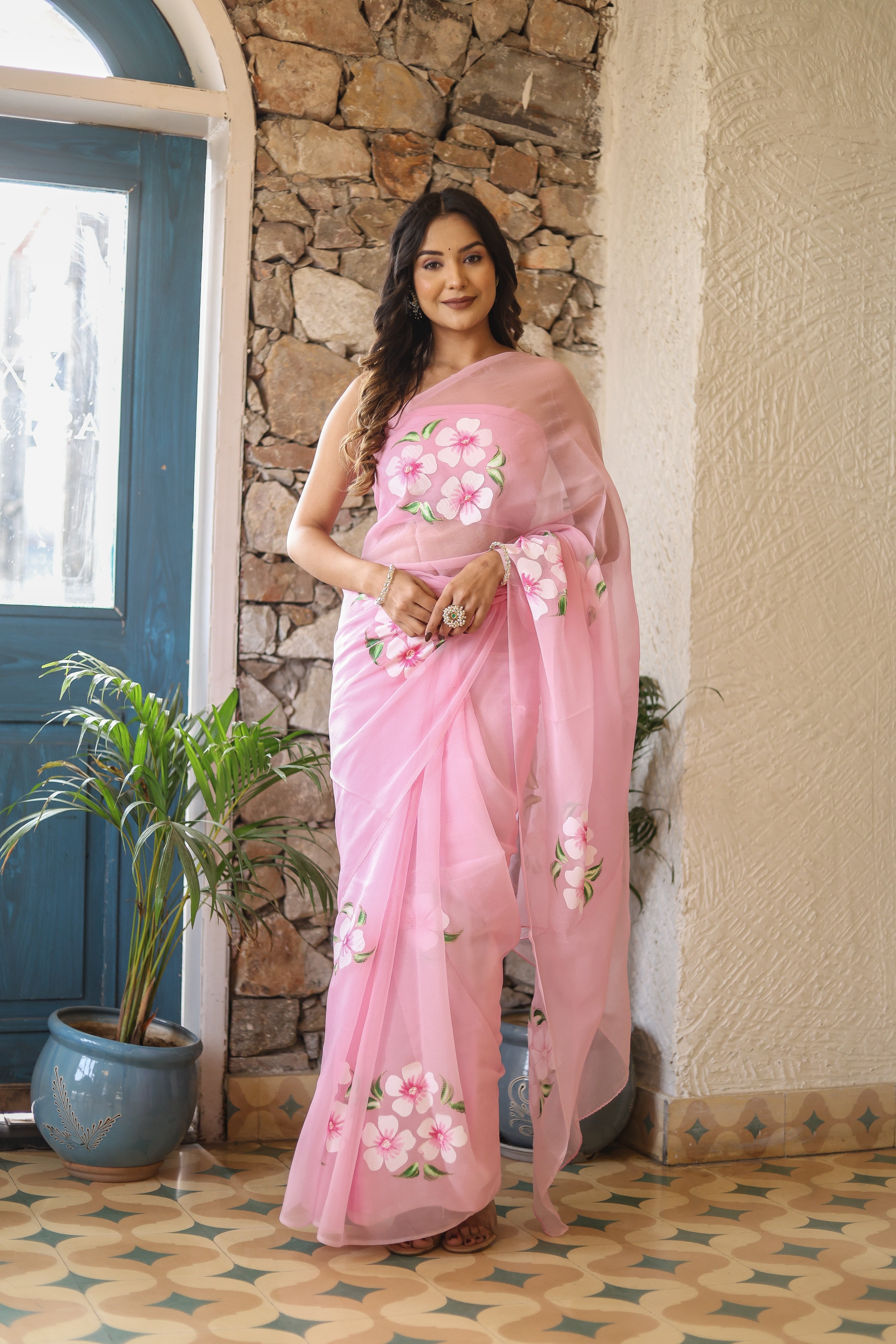 Delicate Pink Chiffon Handpainted Saree Floral Dawn Hues