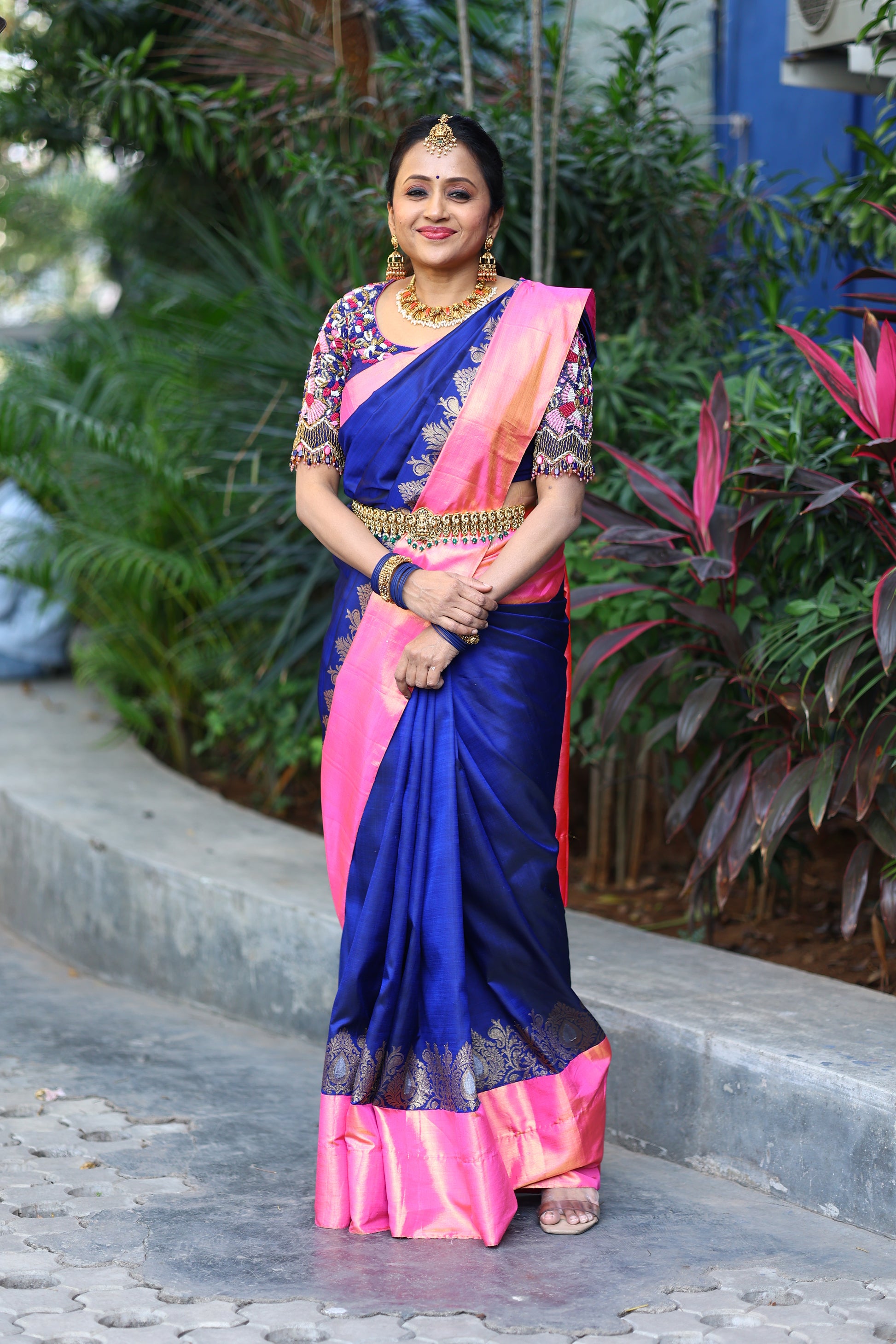 Navy Blue Kanchipattu Saree Meenakari Pink Border Raw Silk Zardosi Blouse