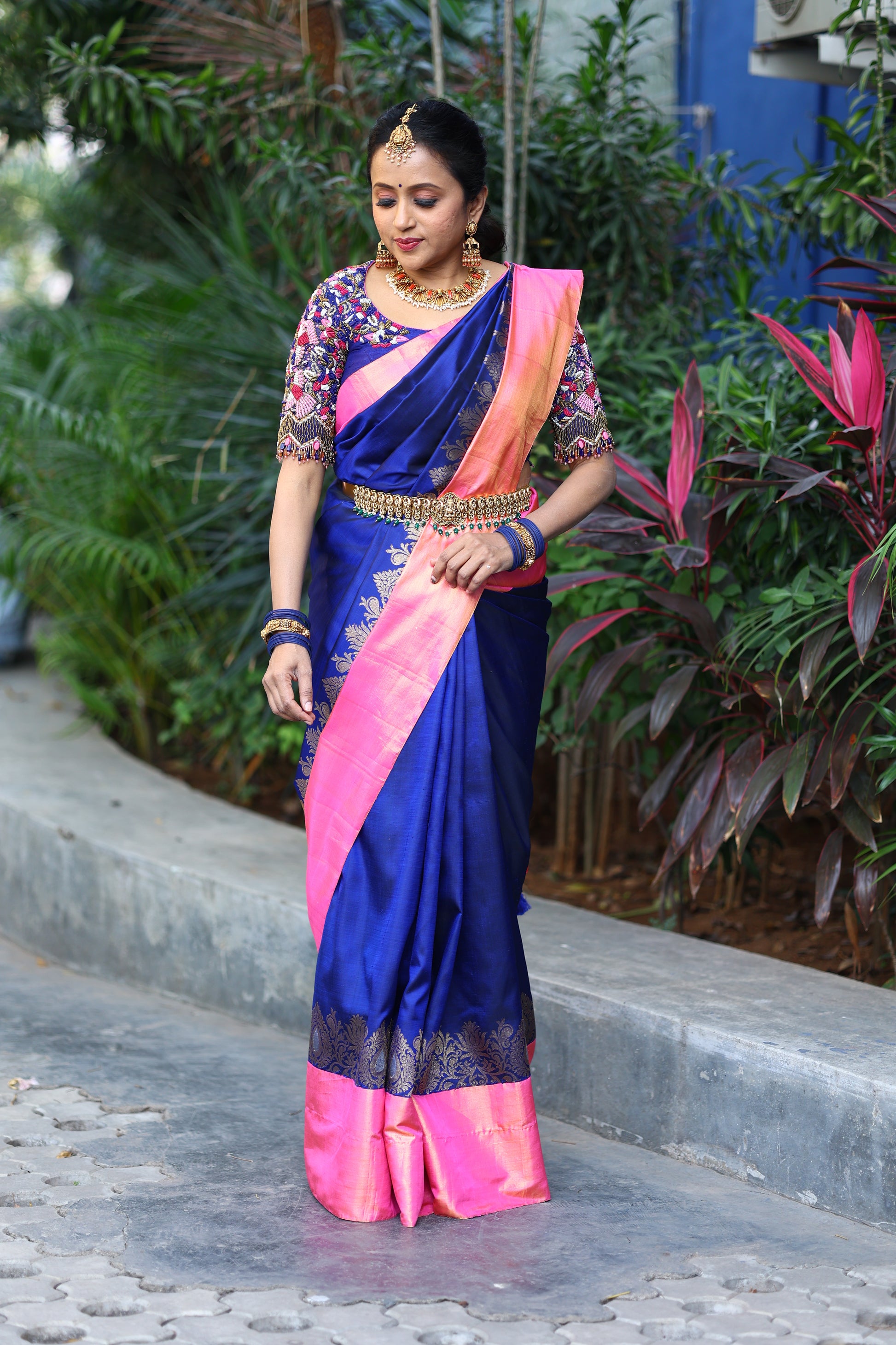 Navy Blue Kanchipattu Saree Meenakari Pink Border Raw Silk Zardosi Blouse
