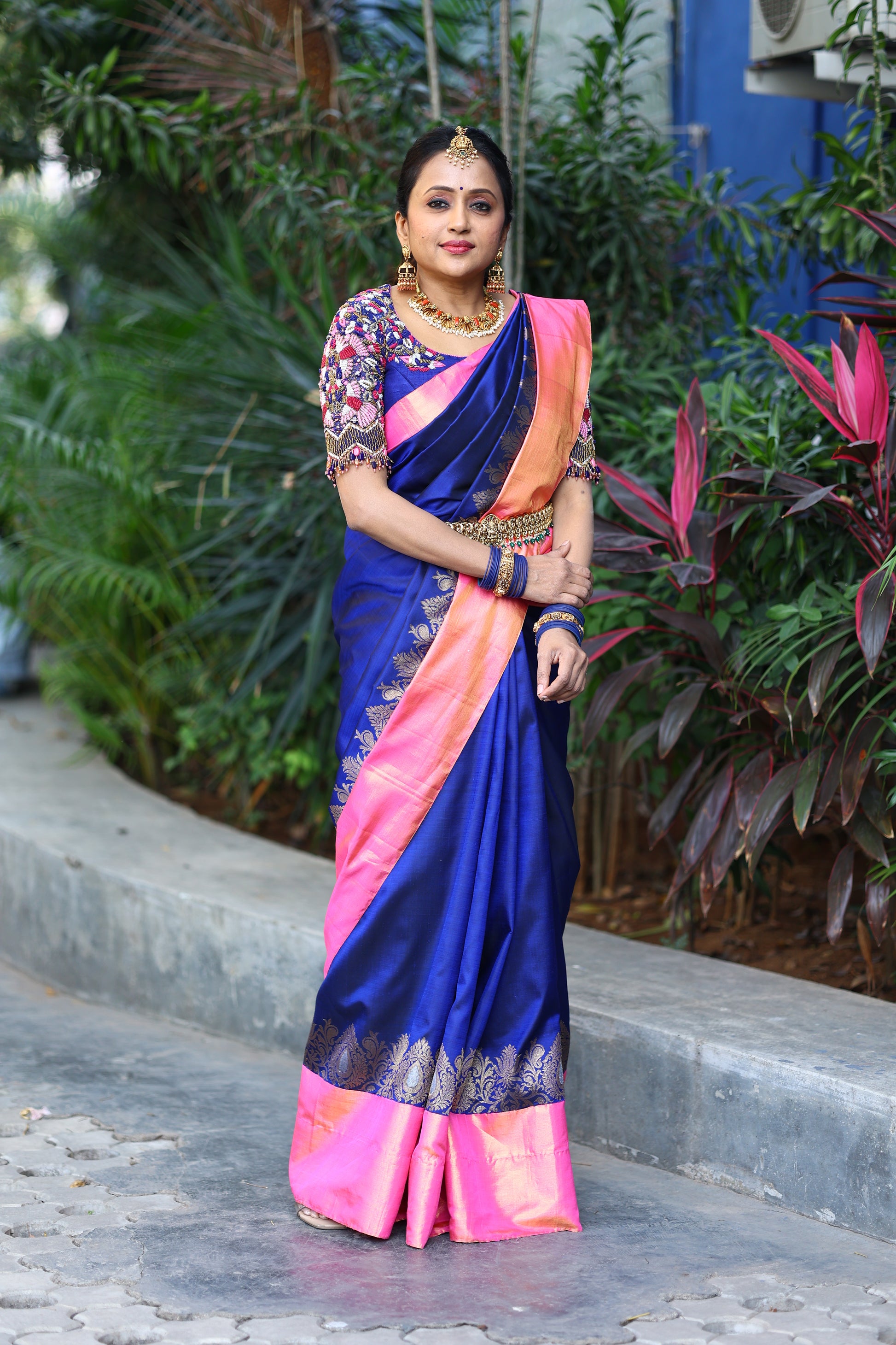 Navy Blue Kanchipattu Saree Meenakari Pink Border Raw Silk Zardosi Blouse