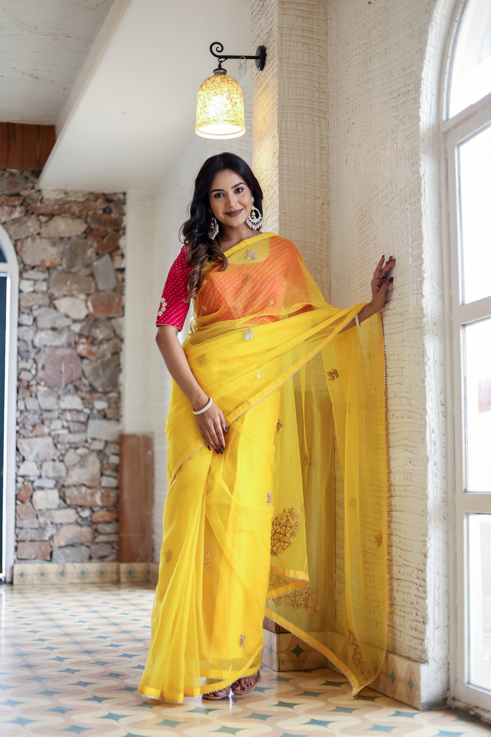 Artistic Gold Viscose Organza Embroidered Saree Floral Mukaish