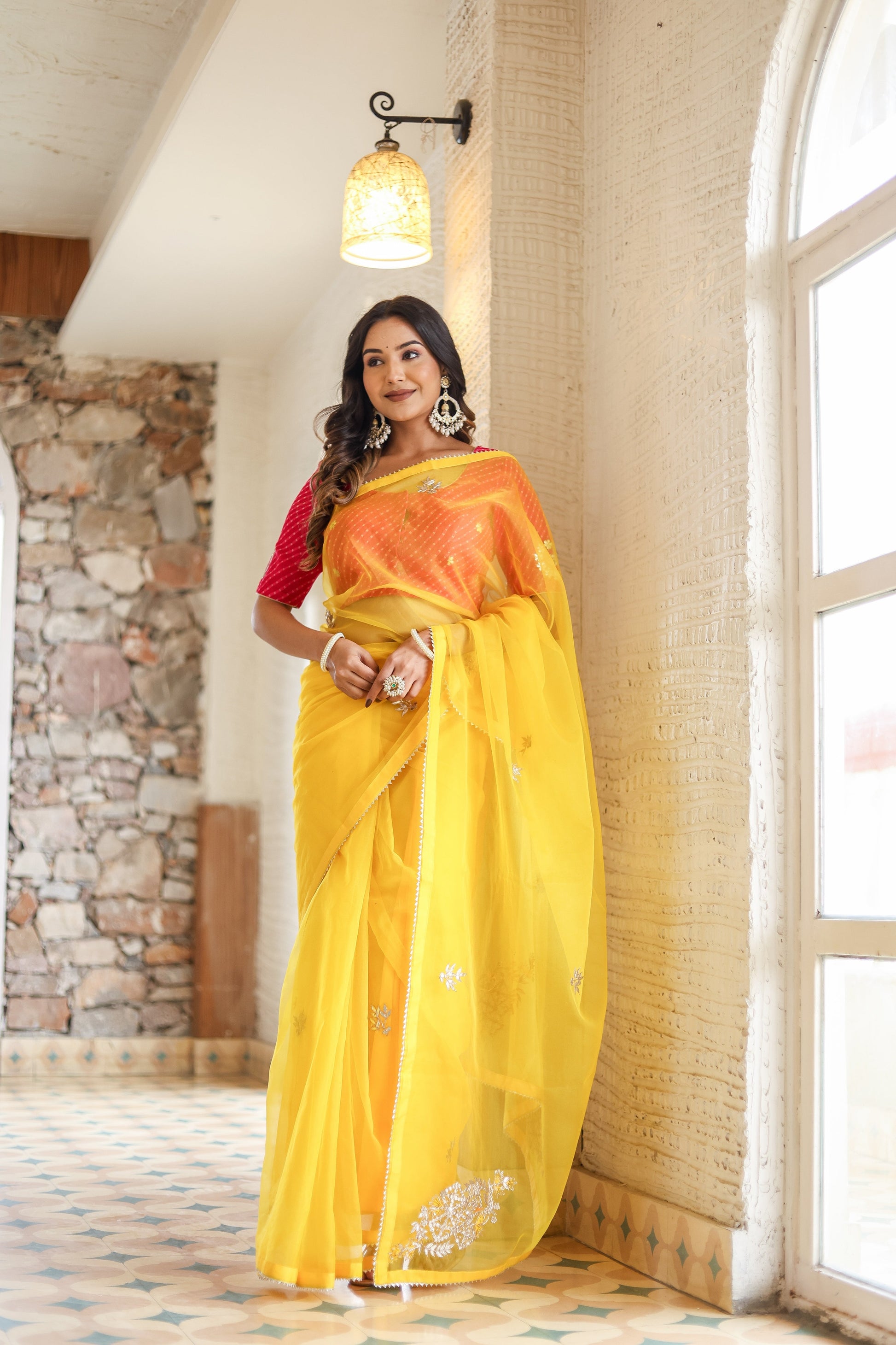 Artistic Gold Viscose Organza Embroidered Saree Floral Mukaish