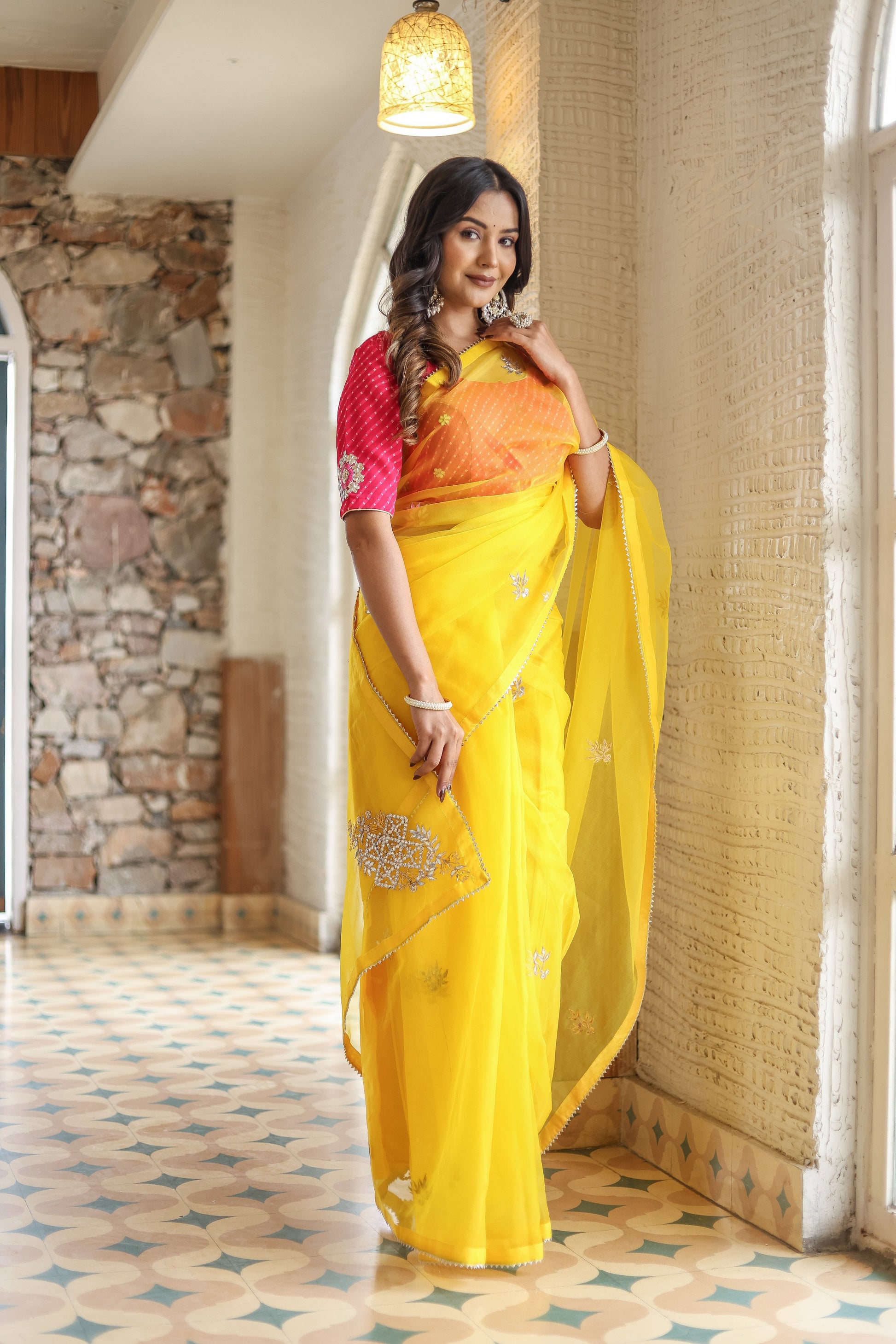 Artistic Gold Viscose Organza Embroidered Saree Floral Mukaish