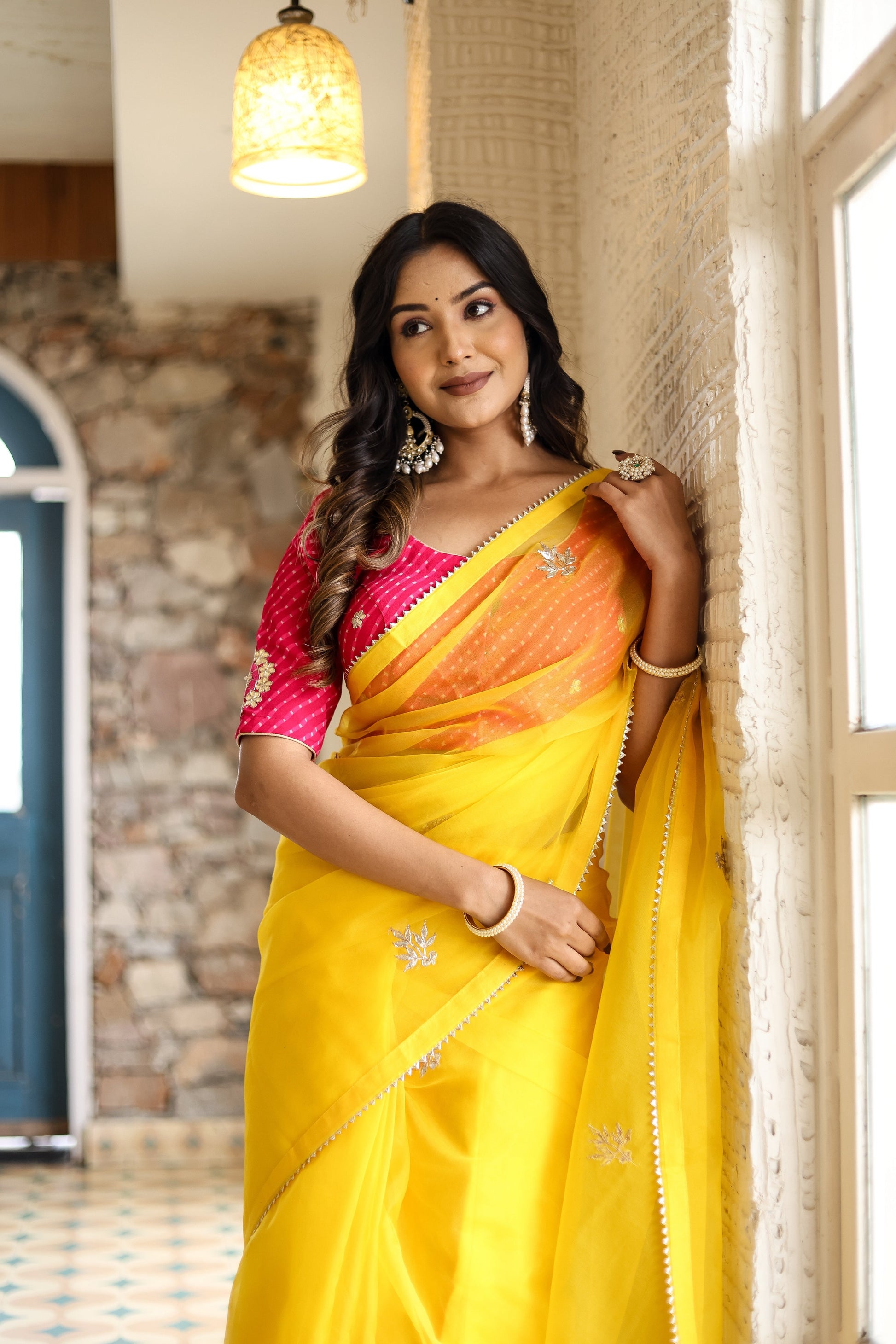 Artistic Gold Viscose Organza Embroidered Saree Floral Mukaish