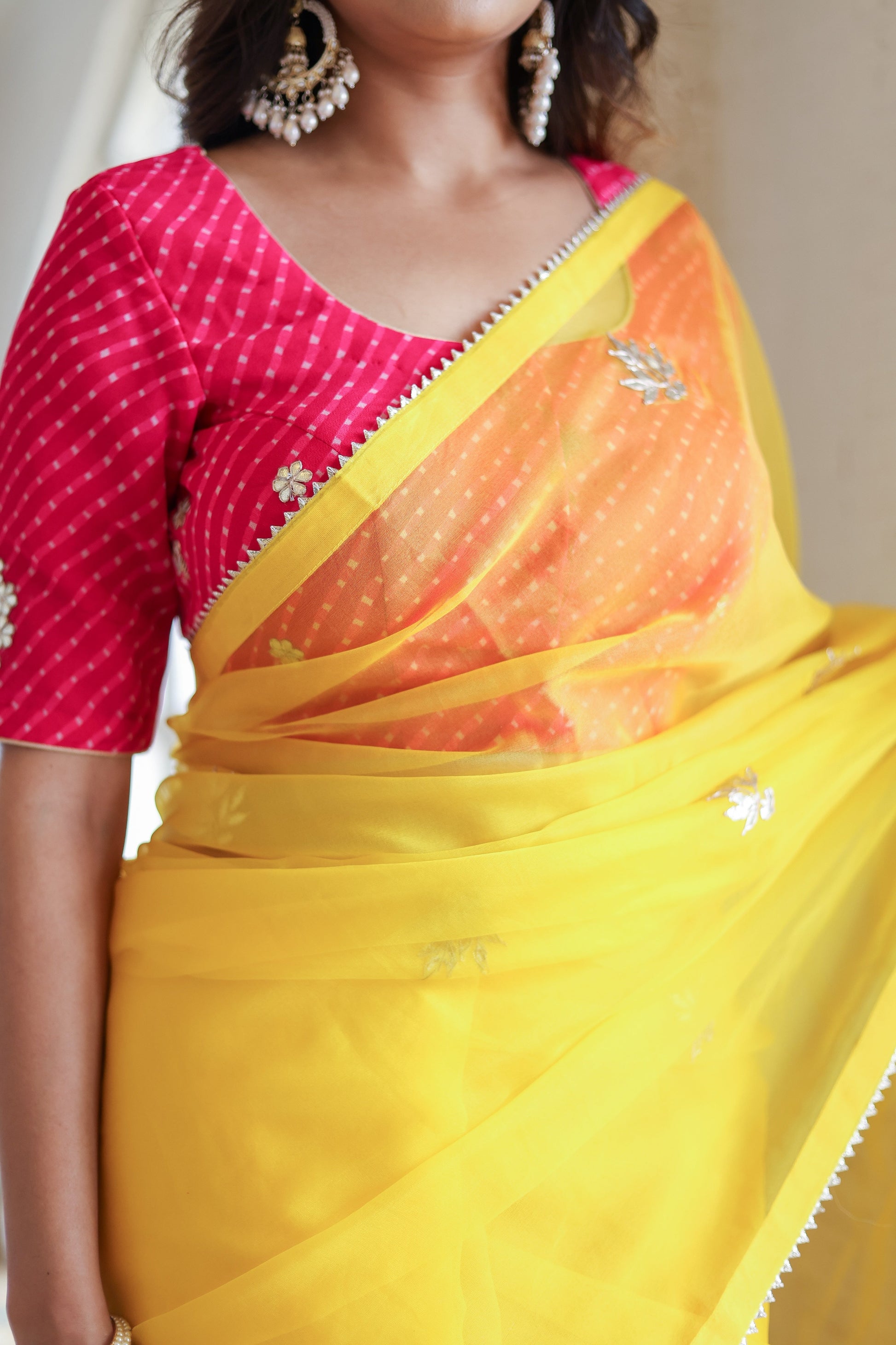 Artistic Gold Viscose Organza Embroidered Saree Floral Mukaish