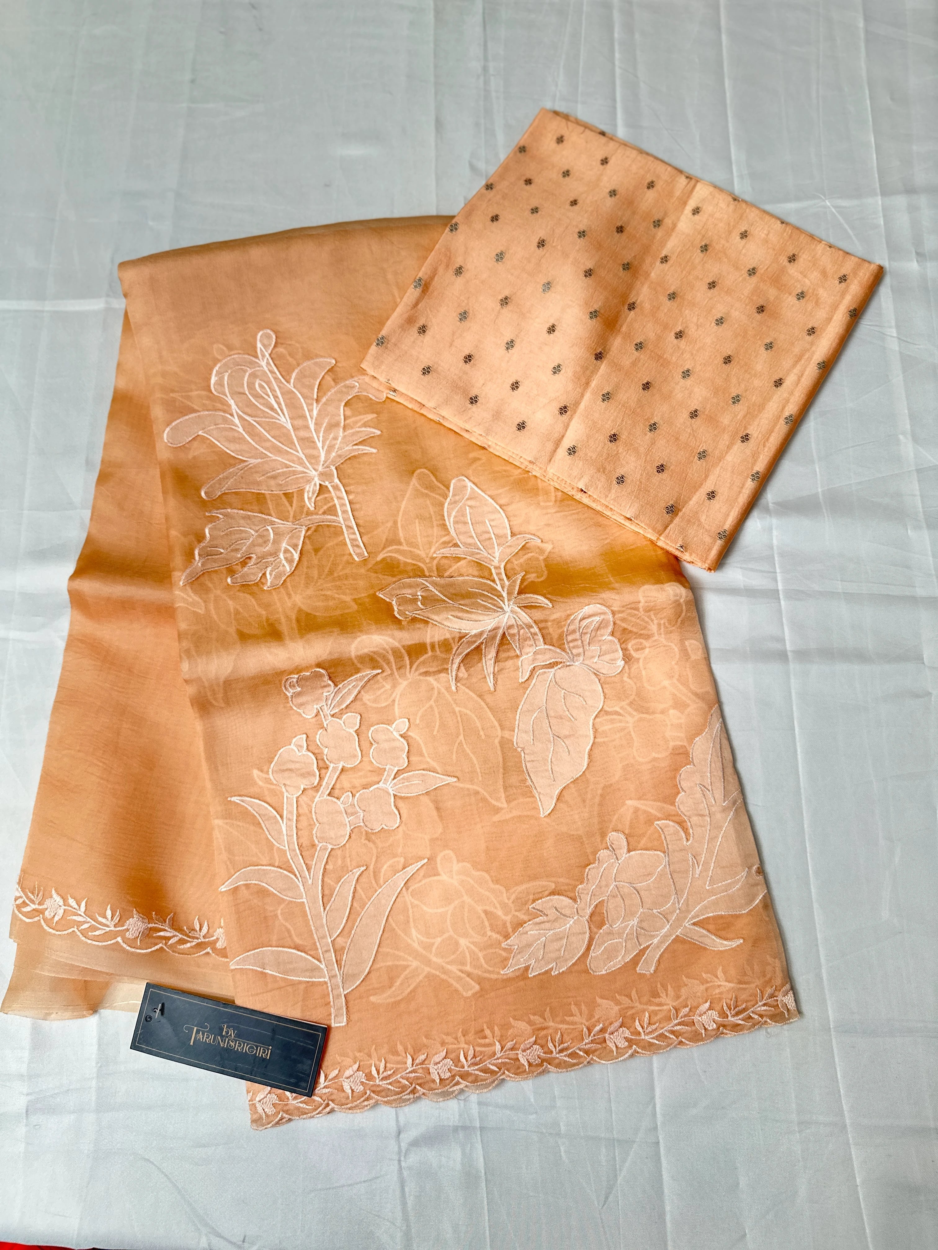 Bright Yellow Orange Organza Tissue Applique Saree