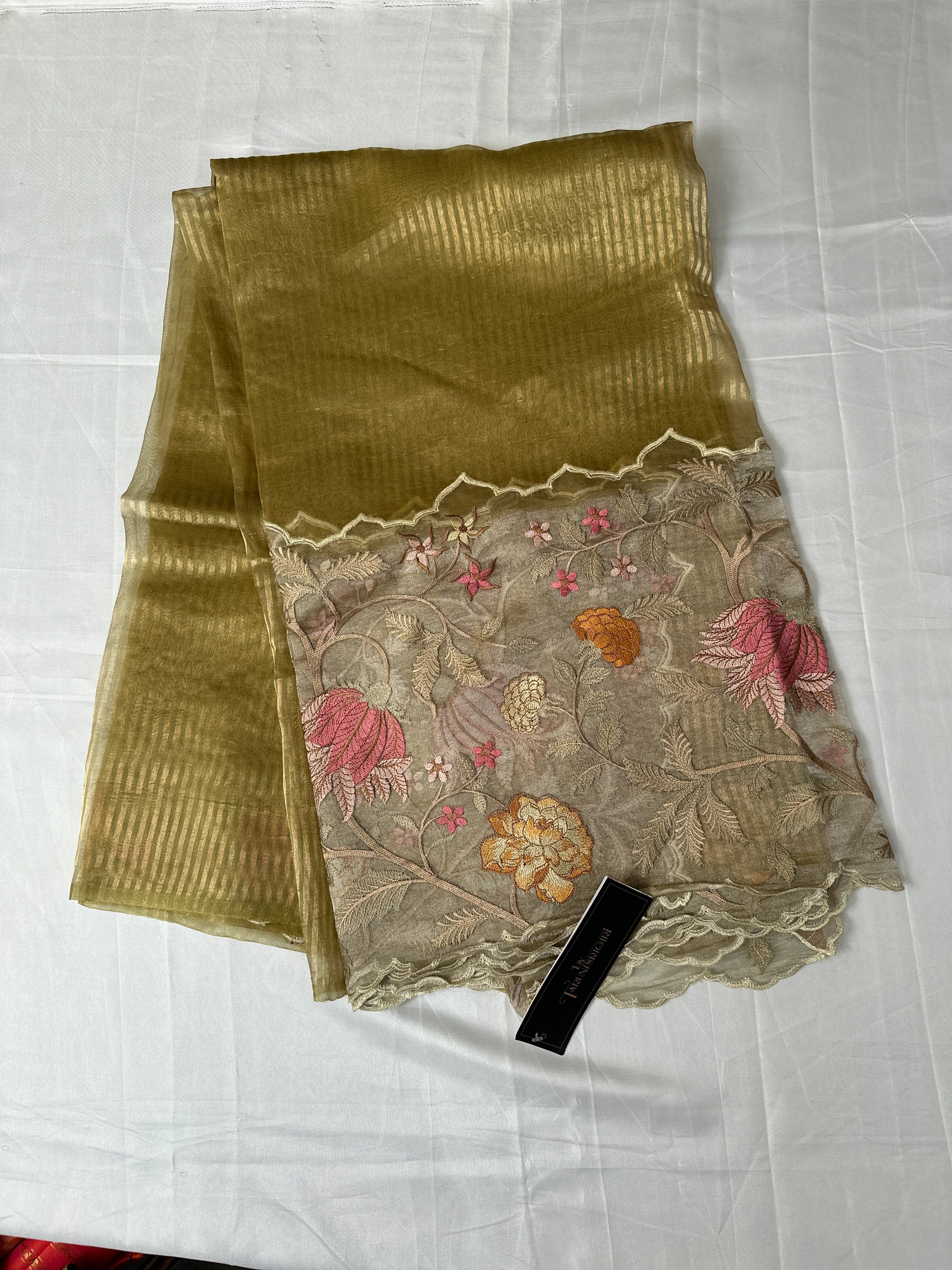 Sophisticated Gold Chanderi Stripes Resham Embroidery Saree