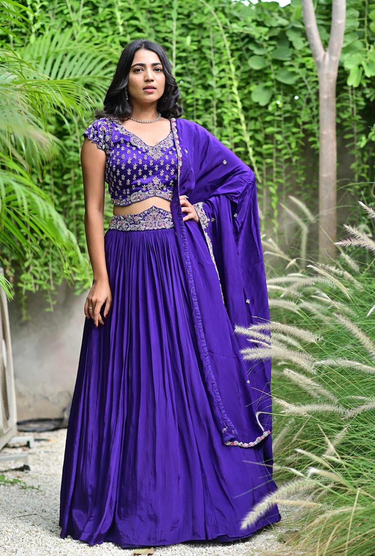 Purple Silk Lehenga Zardosi Blouse Stones Beads Dupatta