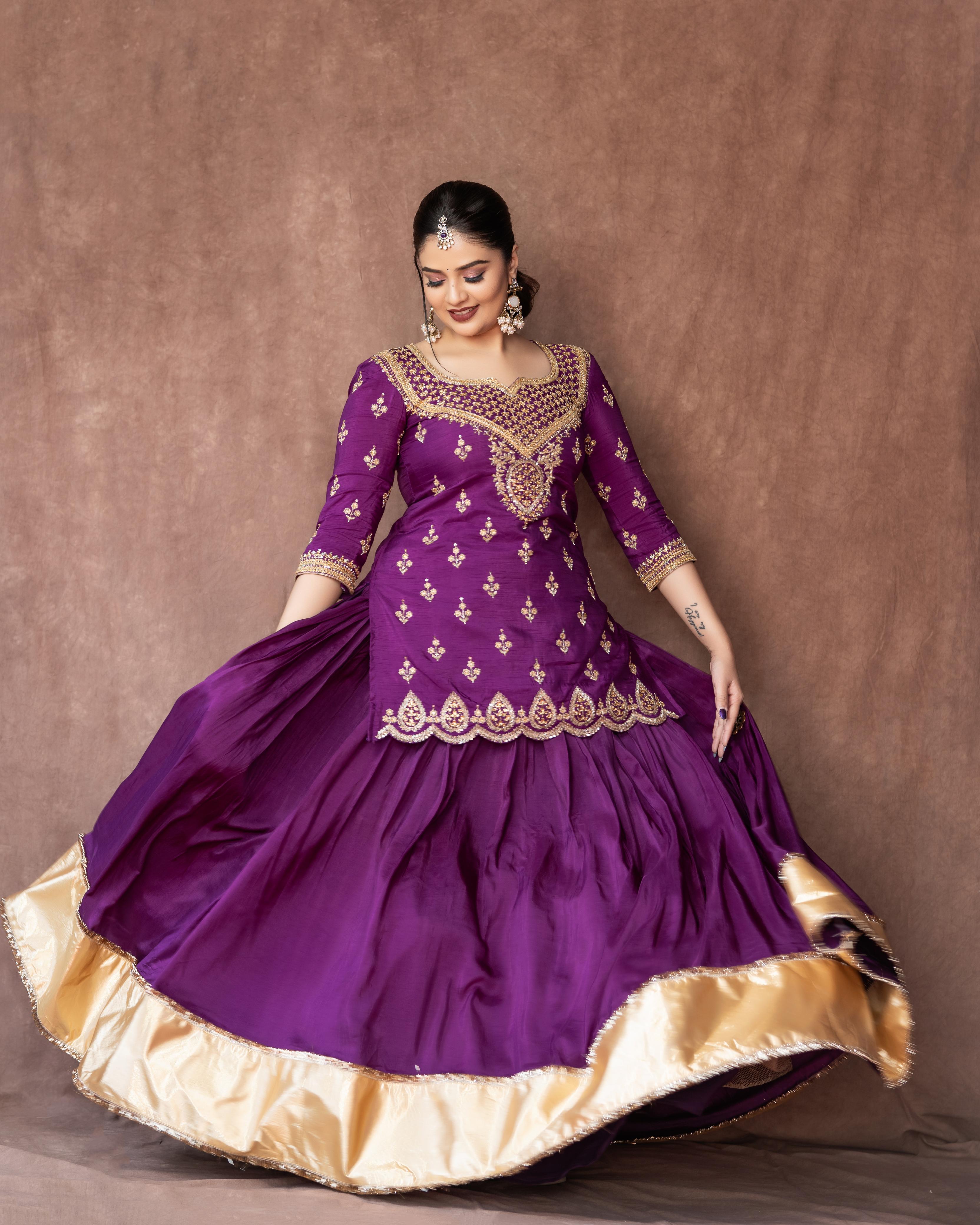 Purple Silk Crepe Kurta Lehenga Cutdana Bead Sequin Embellishments