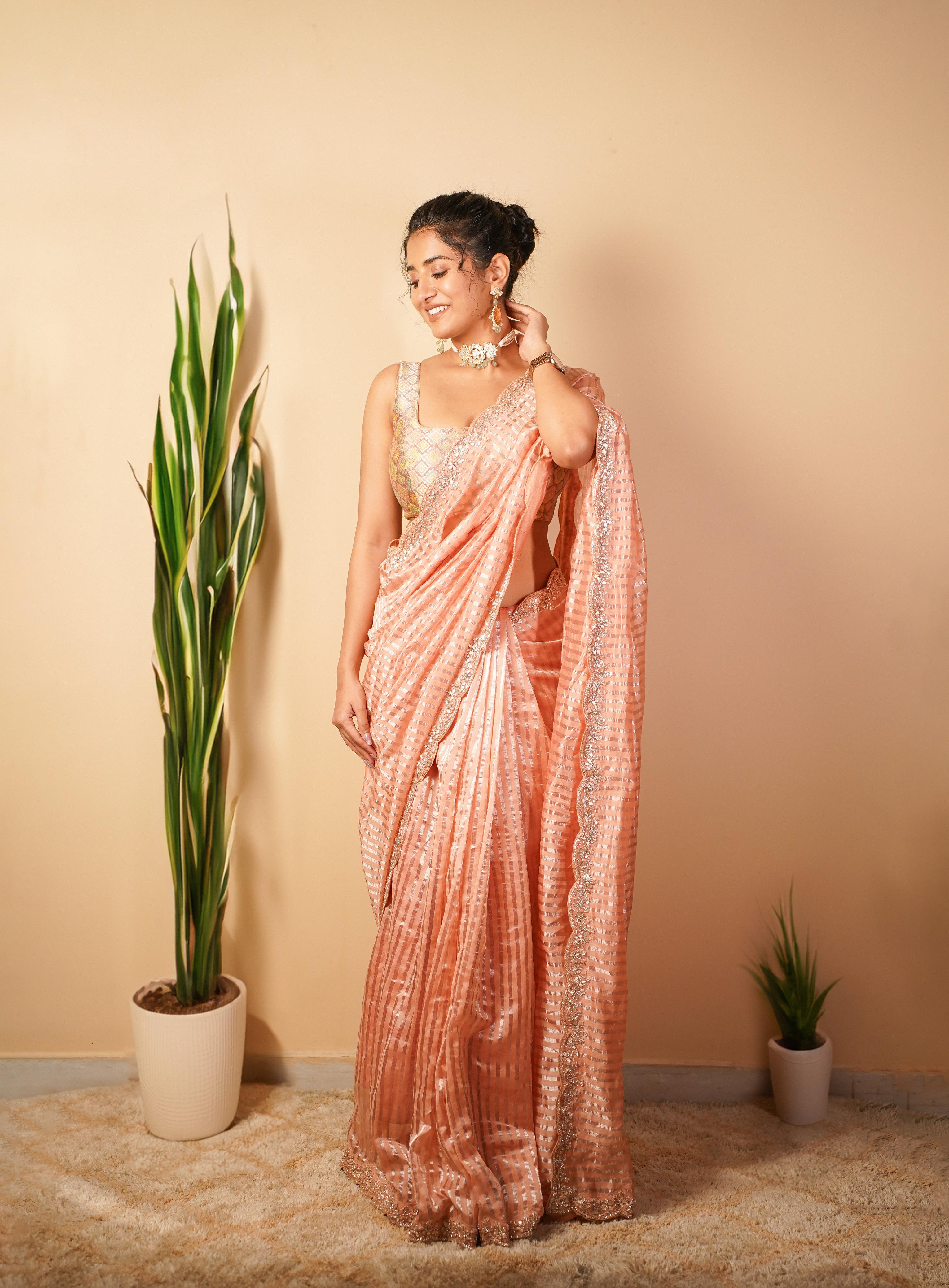 Peach Orange Chanderi Saree Zari Lines Floral Pita Cutdana Sequins