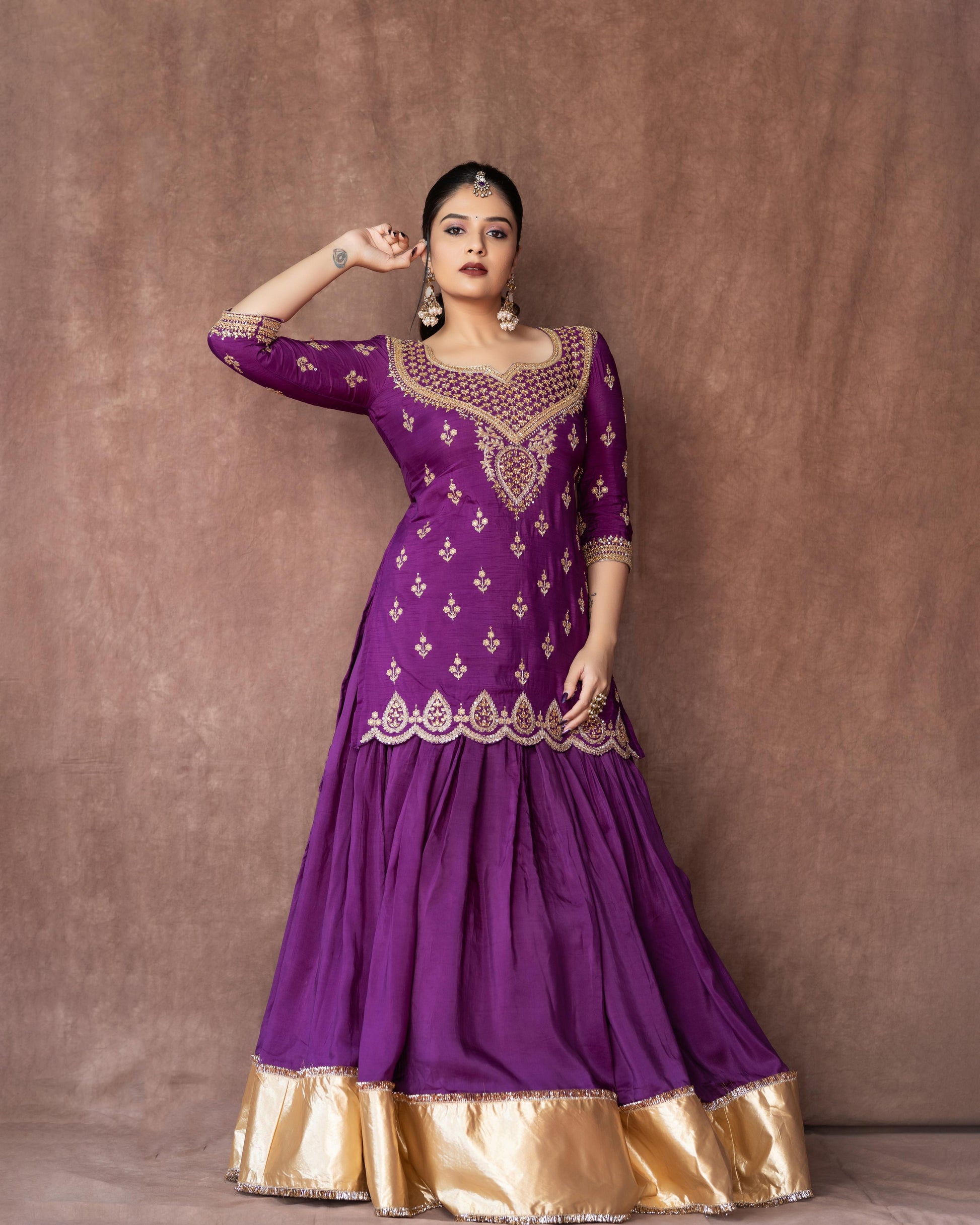 Purple Silk Crepe Kurta Lehenga Cutdana Bead Sequin Embellishments