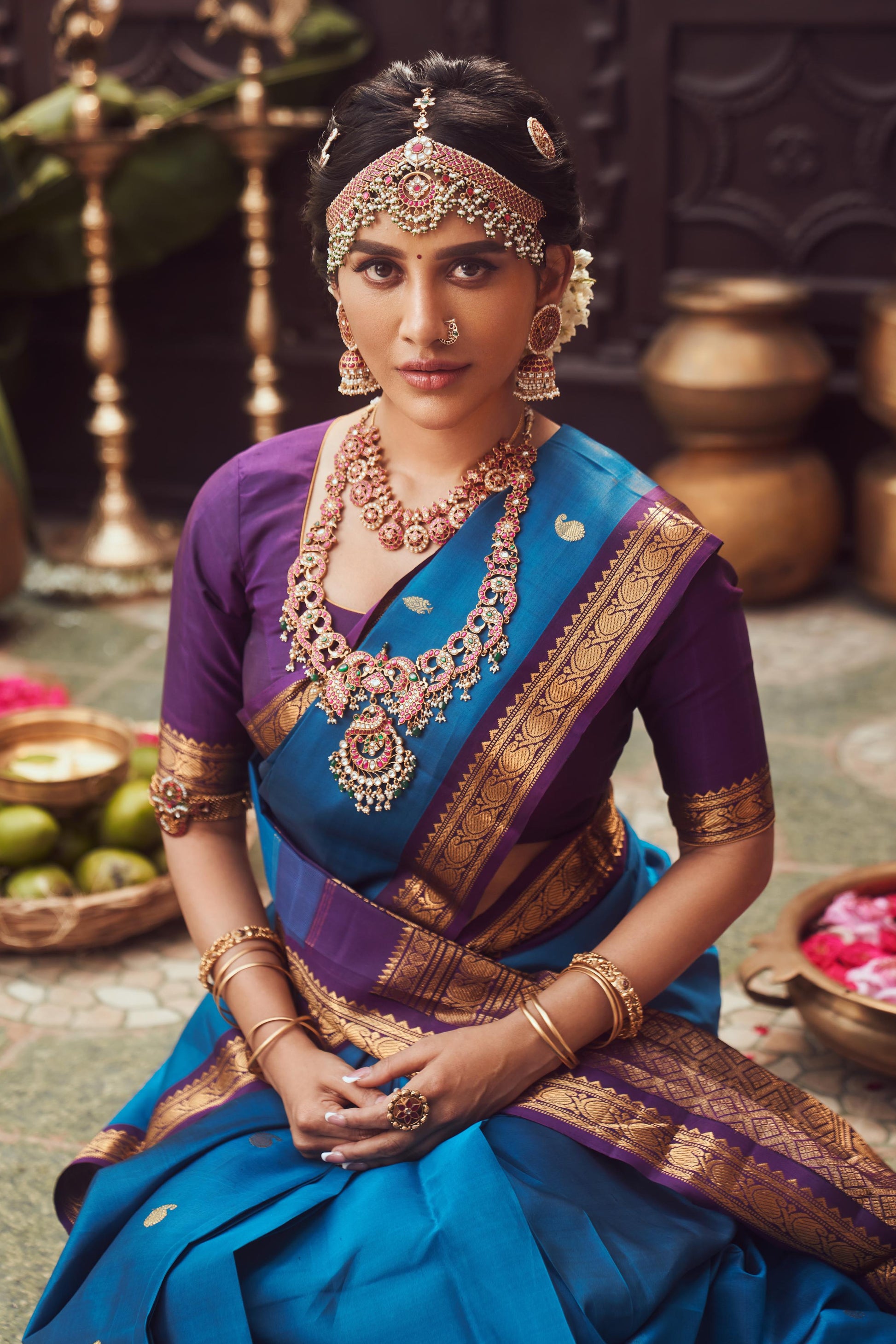 Ink Blue Mysore Silk Saree Mango Motif Aubergine Border