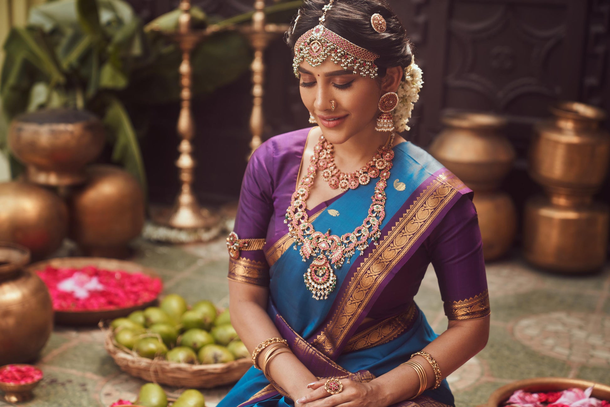 Ink Blue Mysore Silk Saree Mango Motif Aubergine Border