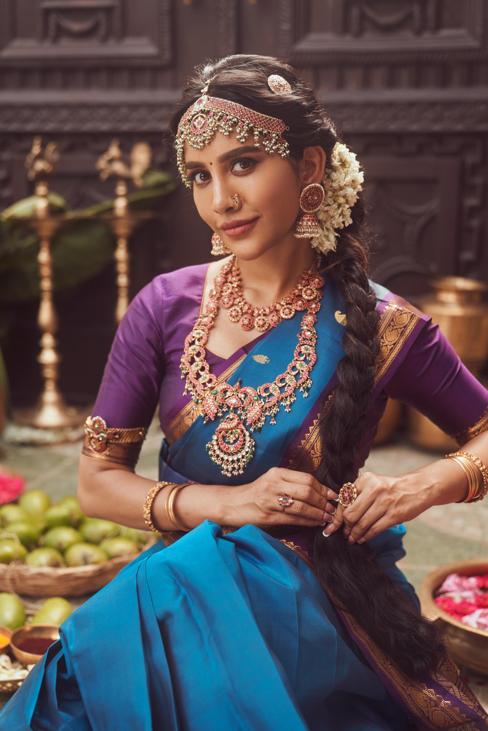 Ink Blue Mysore Silk Saree Mango Motif Aubergine Border