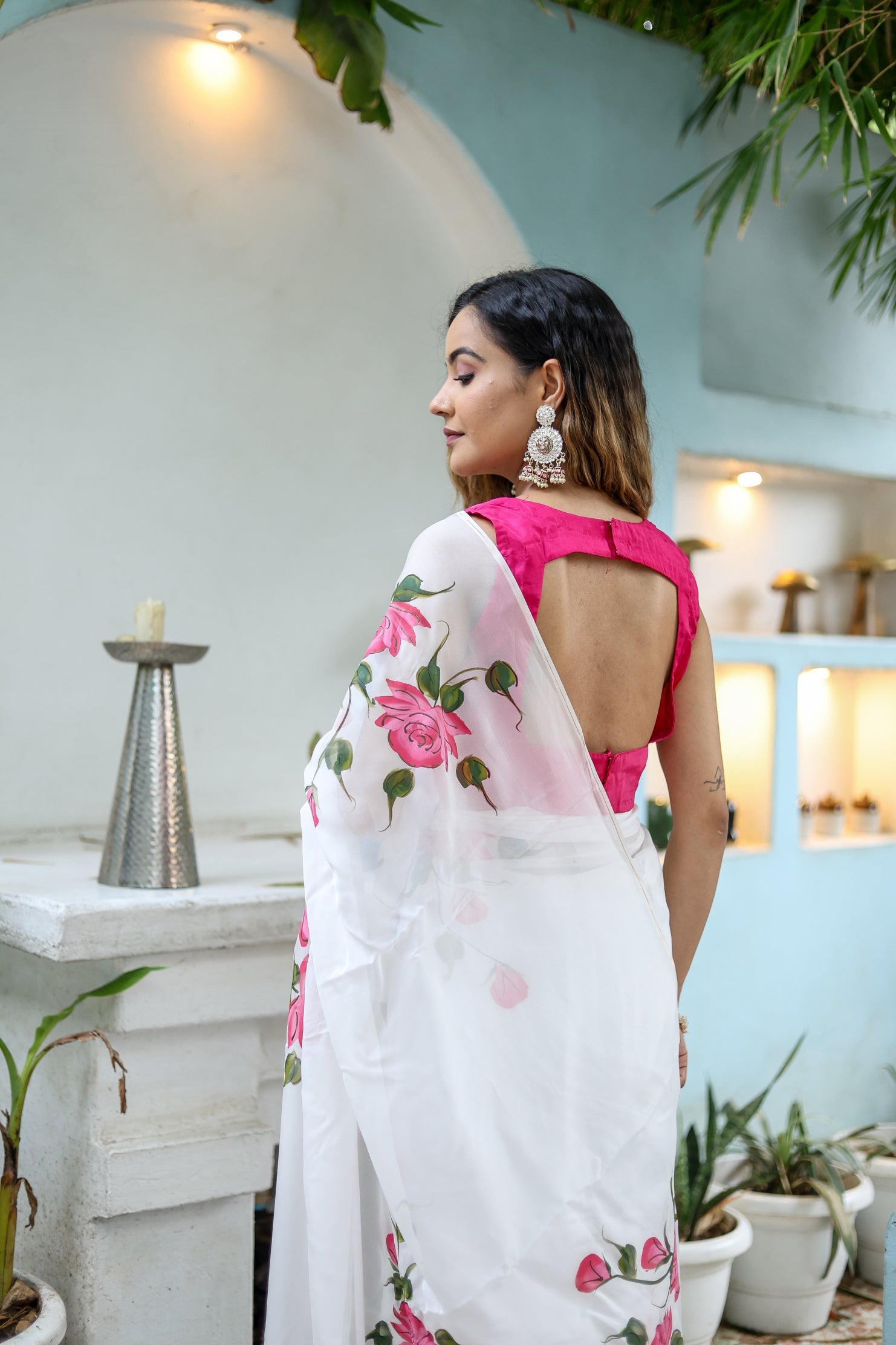 Pure White Pink Viscose Organza Handpainted Saree Floral
