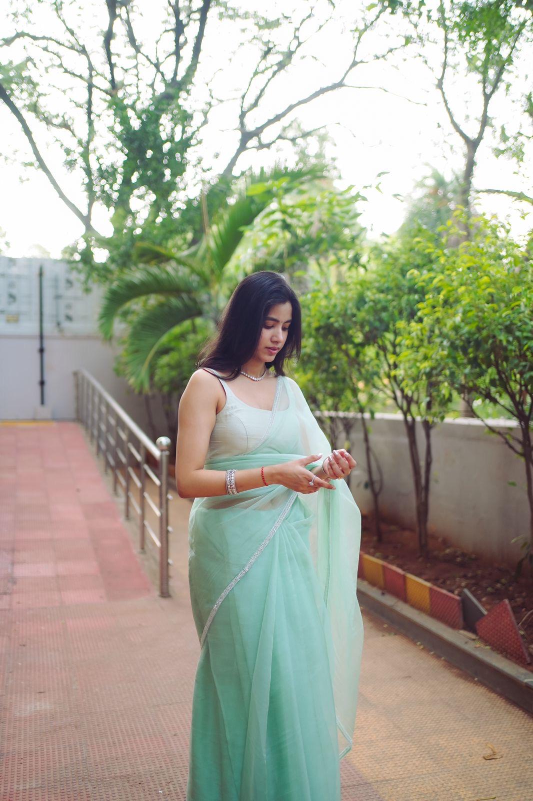 Light Mint Green Organza Saree Cutdana Border