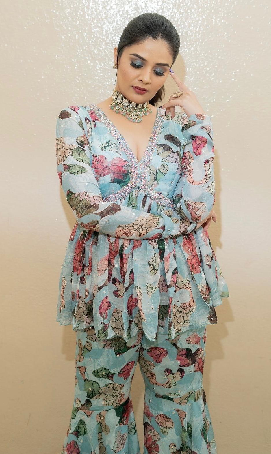 Sky Blue Chiffon Printed Peplum Sharara Set Pearl Work Yoke