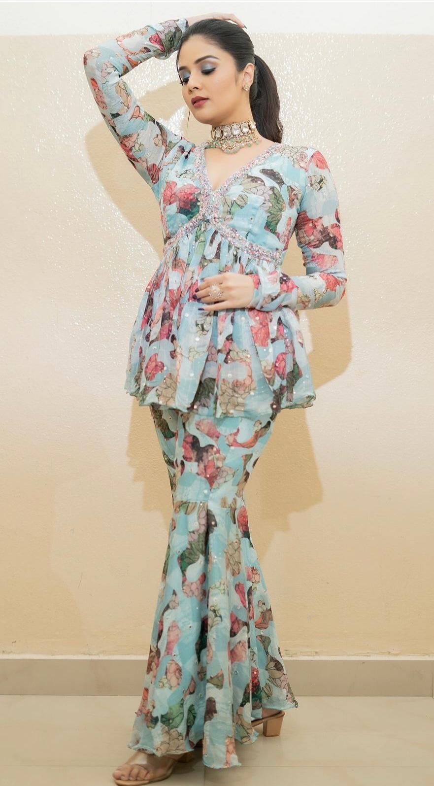 Sky Blue Chiffon Printed Peplum Sharara Set Pearl Work Yoke