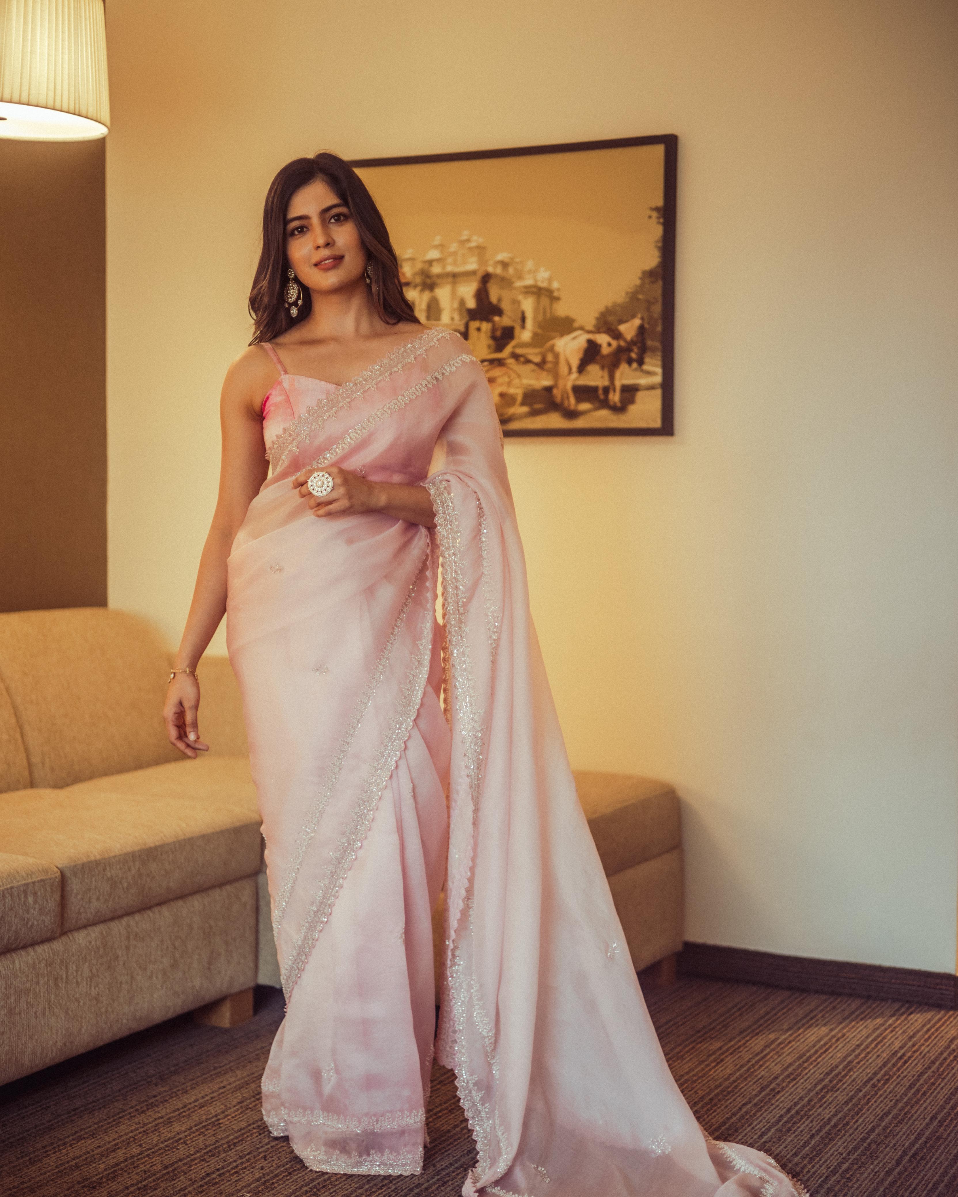 Powder Pink Organza Saree Hand-Embroidered Cutdana Pearl Work